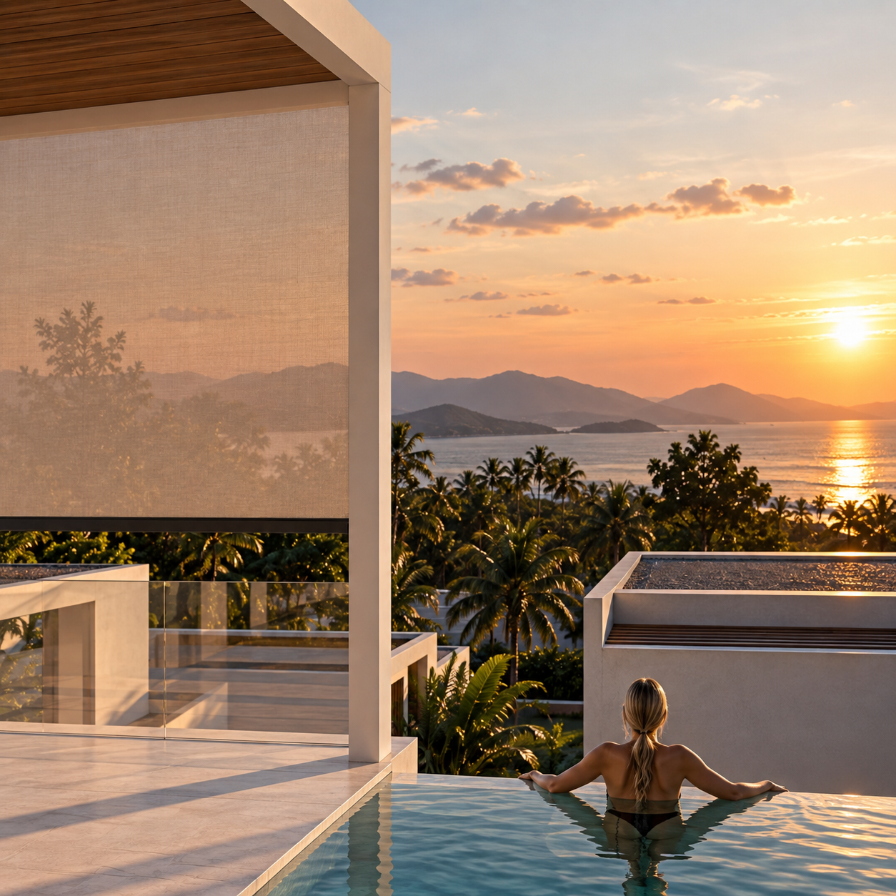 Motorised terrace awning with ocean sunset view