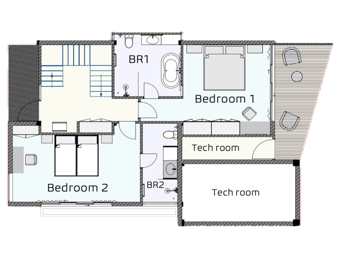 DAO Villas 1st floor plan — bedrooms, bathrooms