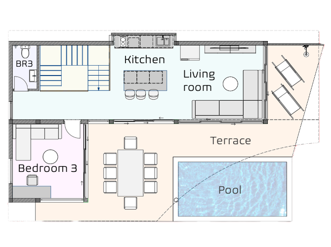 DAO Villas 2nd floor plan — living, kitchen, pool, terrace