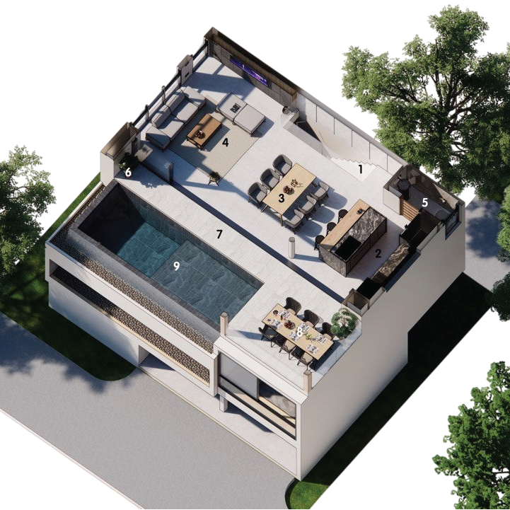 IO Villas 2nd floor plan — pool, living, kitchen