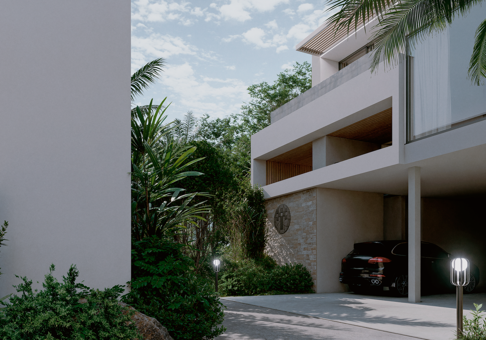 IO Villas — garage and facade with tropical planting