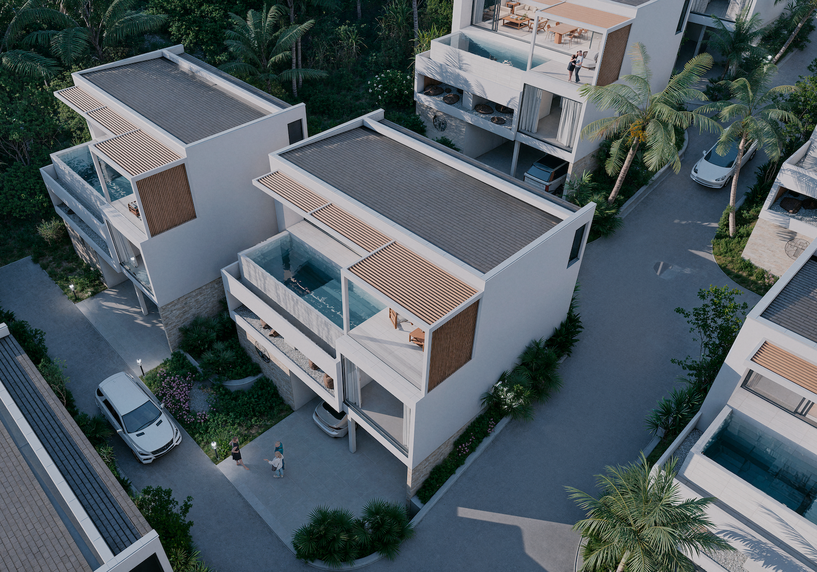 IO Villas — aerial overview of the full development at dusk