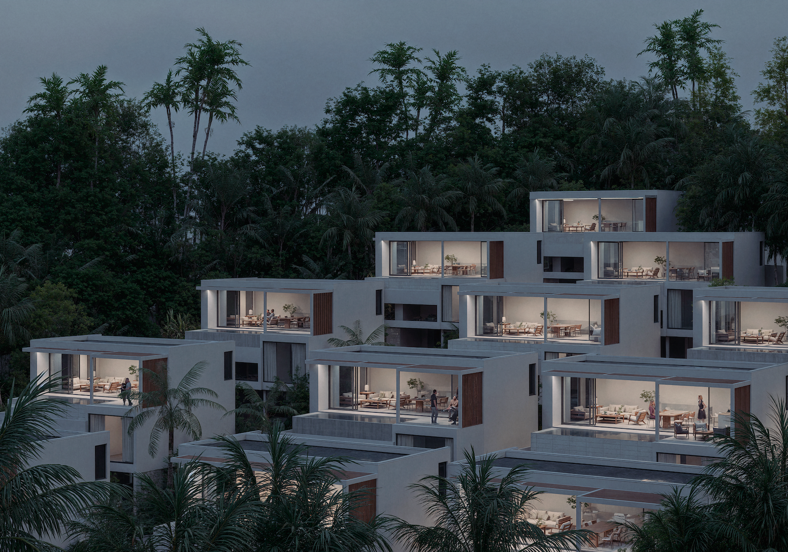 IO Villas — terraced villas with open living spaces at dusk