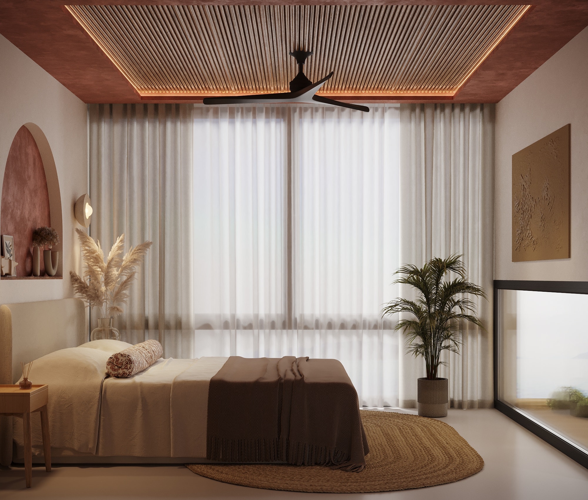 IO Villas — Bedroom 1: terracotta ceiling with wood slat detail, ceiling fan and sheer curtains