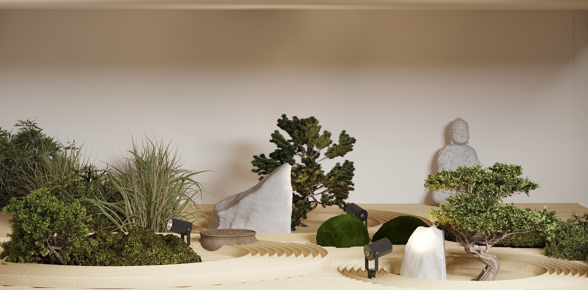 IO Villas — Bedroom 1: zen garden terrarium feature wall with sand, bonsai and Buddha sculpture