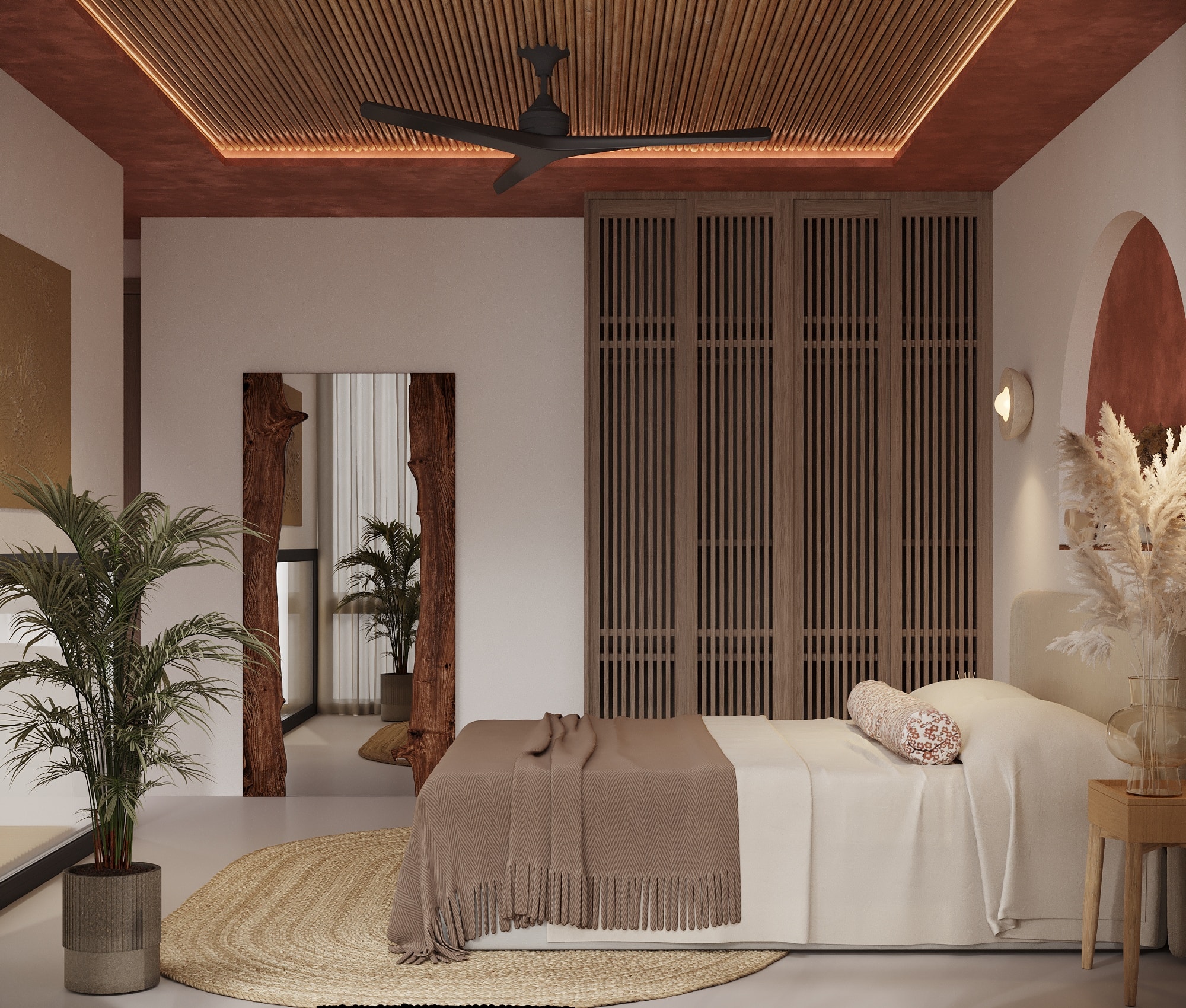 IO Villas — Bedroom 1: slatted wardrobe wall, live-edge mirror and terracotta arched niche