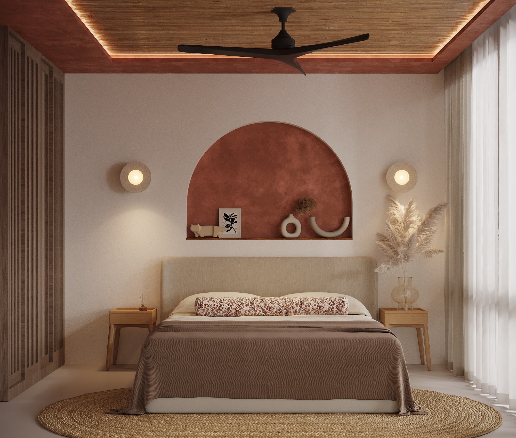 IO Villas — Bedroom 1: terracotta arched headboard niche with ceramic decor and round wall sconces