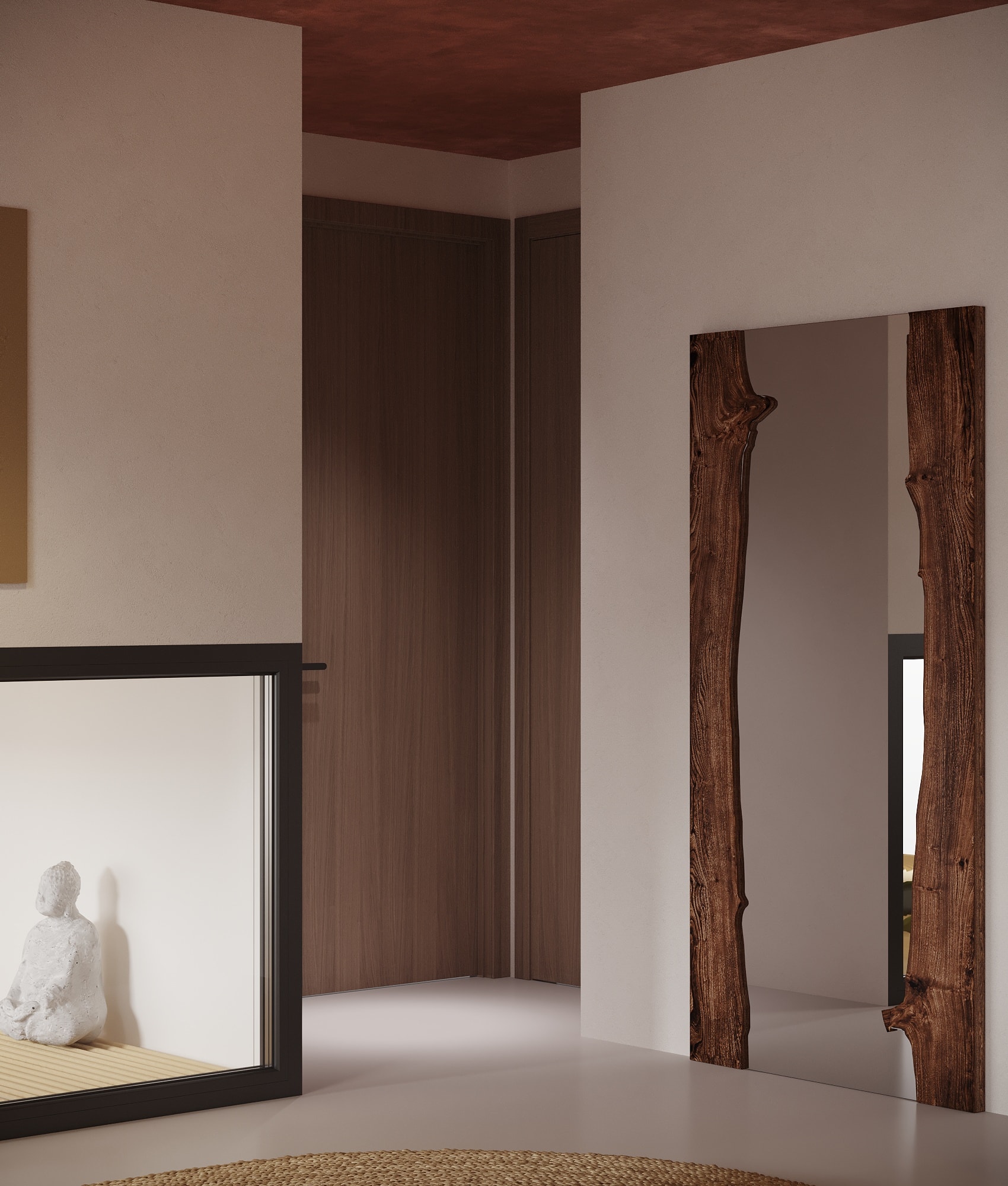 IO Villas — Bedroom 1: corner detail with live-edge mirror frame and zen garden terrarium glimpse