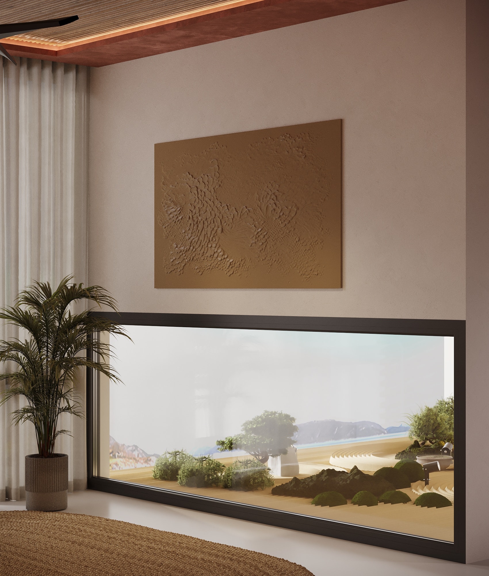 IO Villas — Bedroom 1: zen garden terrarium with ocean view through panoramic window