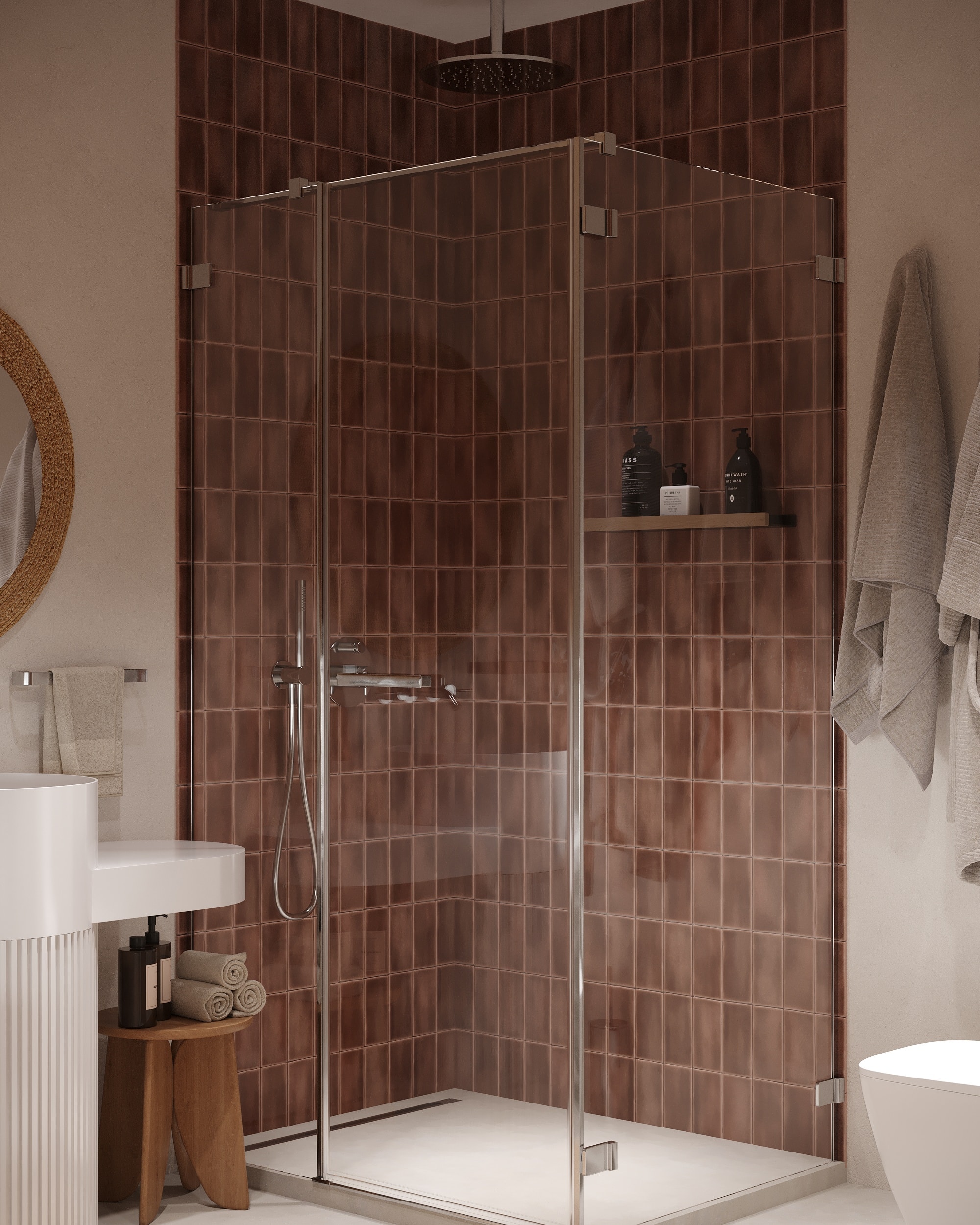 IO Villas — Bathroom 1: deep terracotta tile walk-in shower with rain head and glass enclosure
