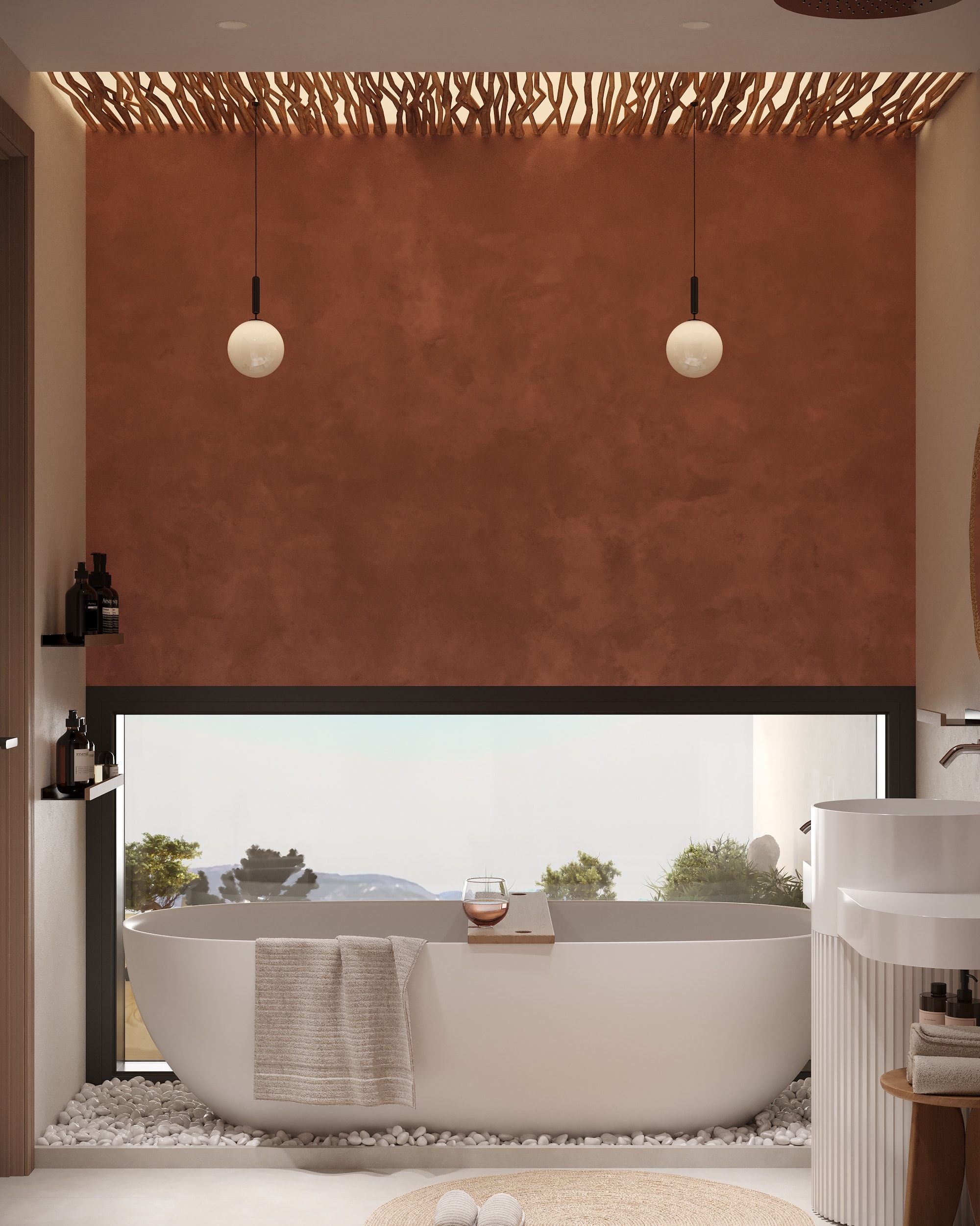 IO Villas — Bathroom 1: freestanding oval bath with mountain view window and globe pendants