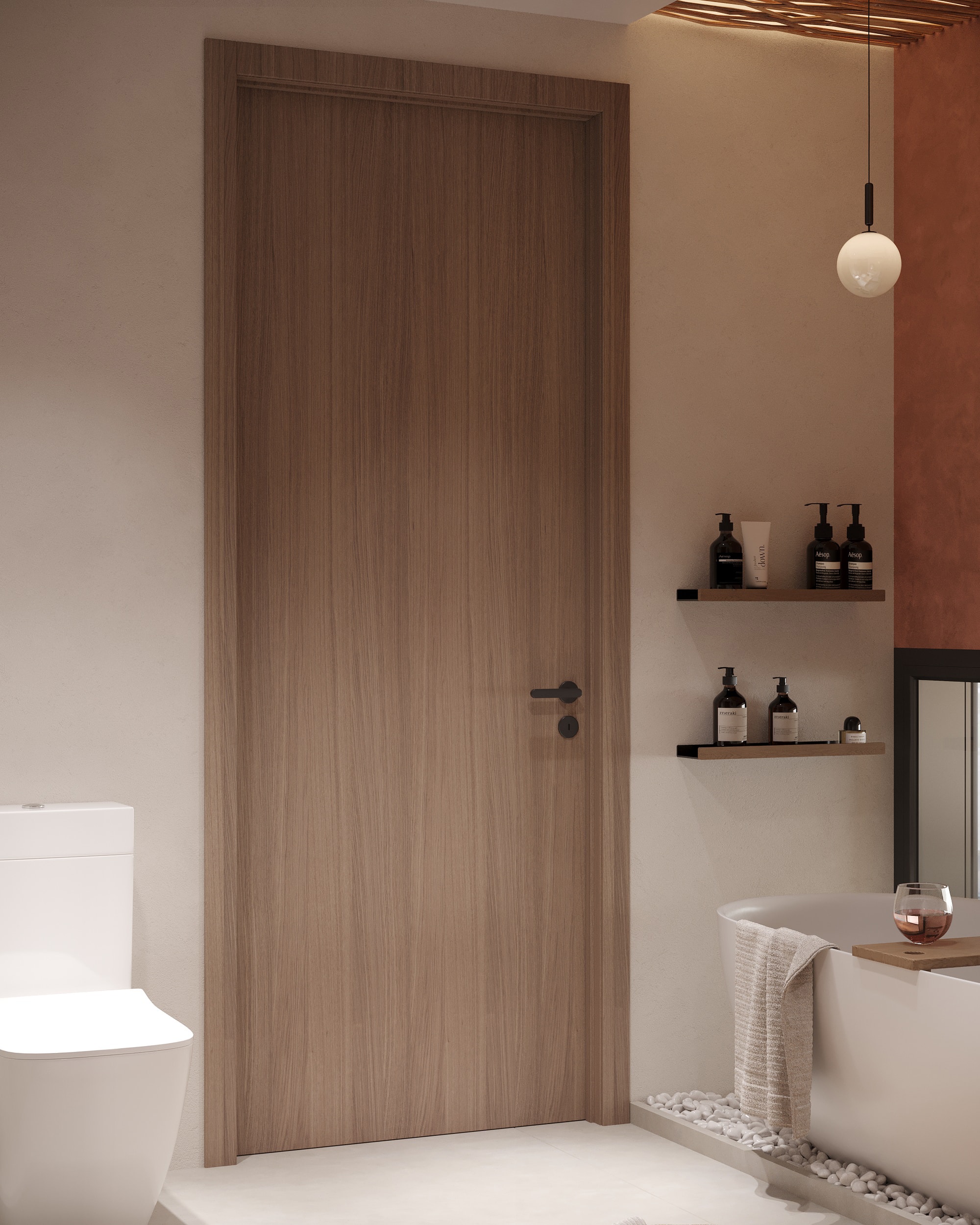 IO Villas — Bathroom 1: wood-grain door with open shelving, bath tray and globe pendant light