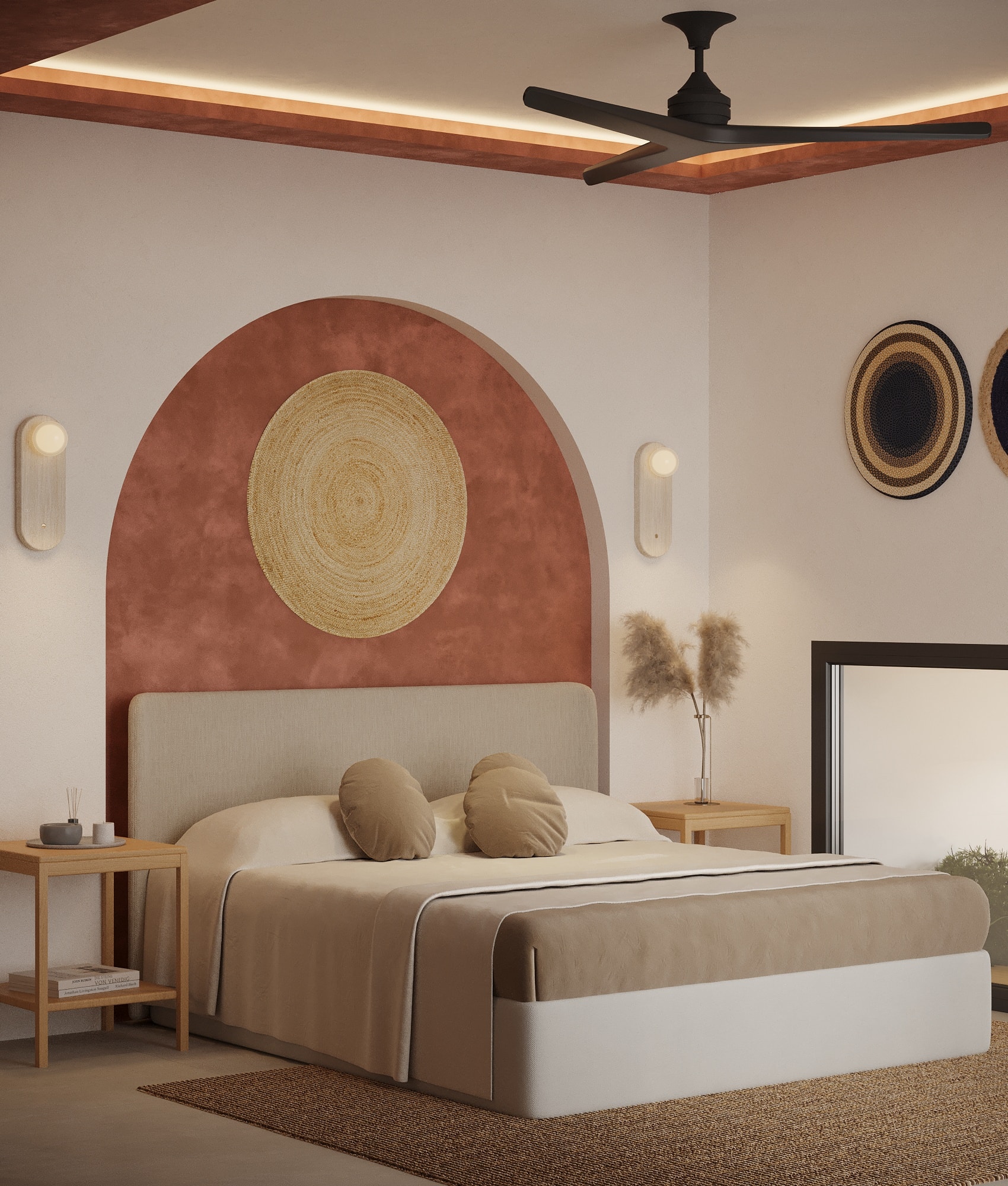 IO Villas — Bedroom 2: terracotta arched headboard niche with woven wall art, ceiling fan and wood-beam ceiling