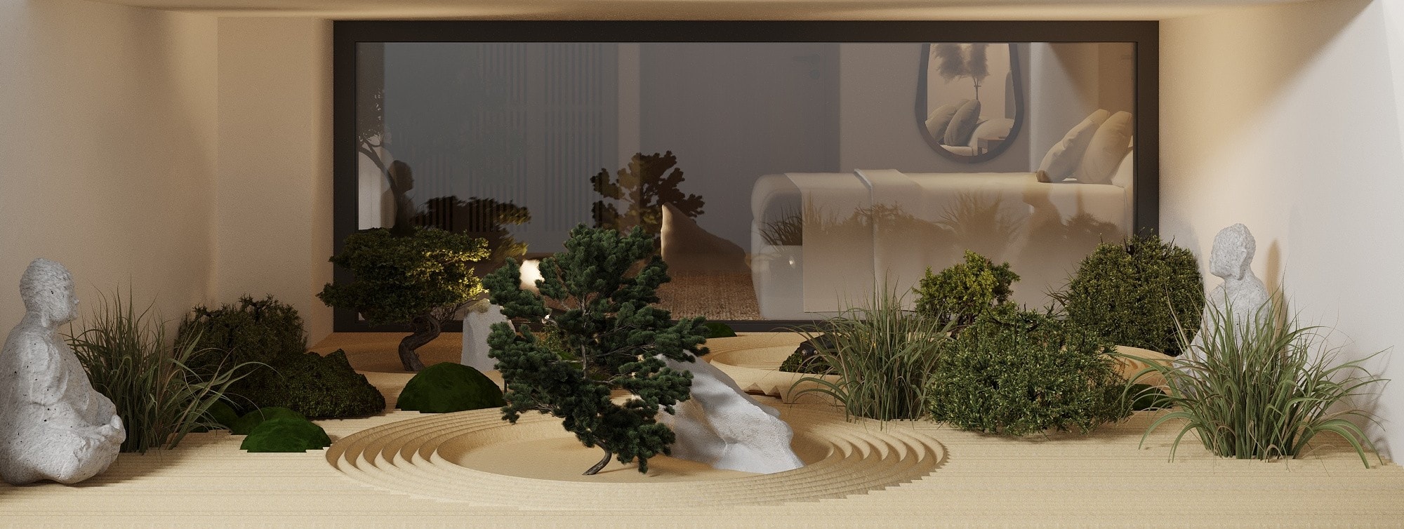 IO Villas — Bedroom 2: zen garden terrarium close-up with raked sand, bonsai and Buddha sculptures