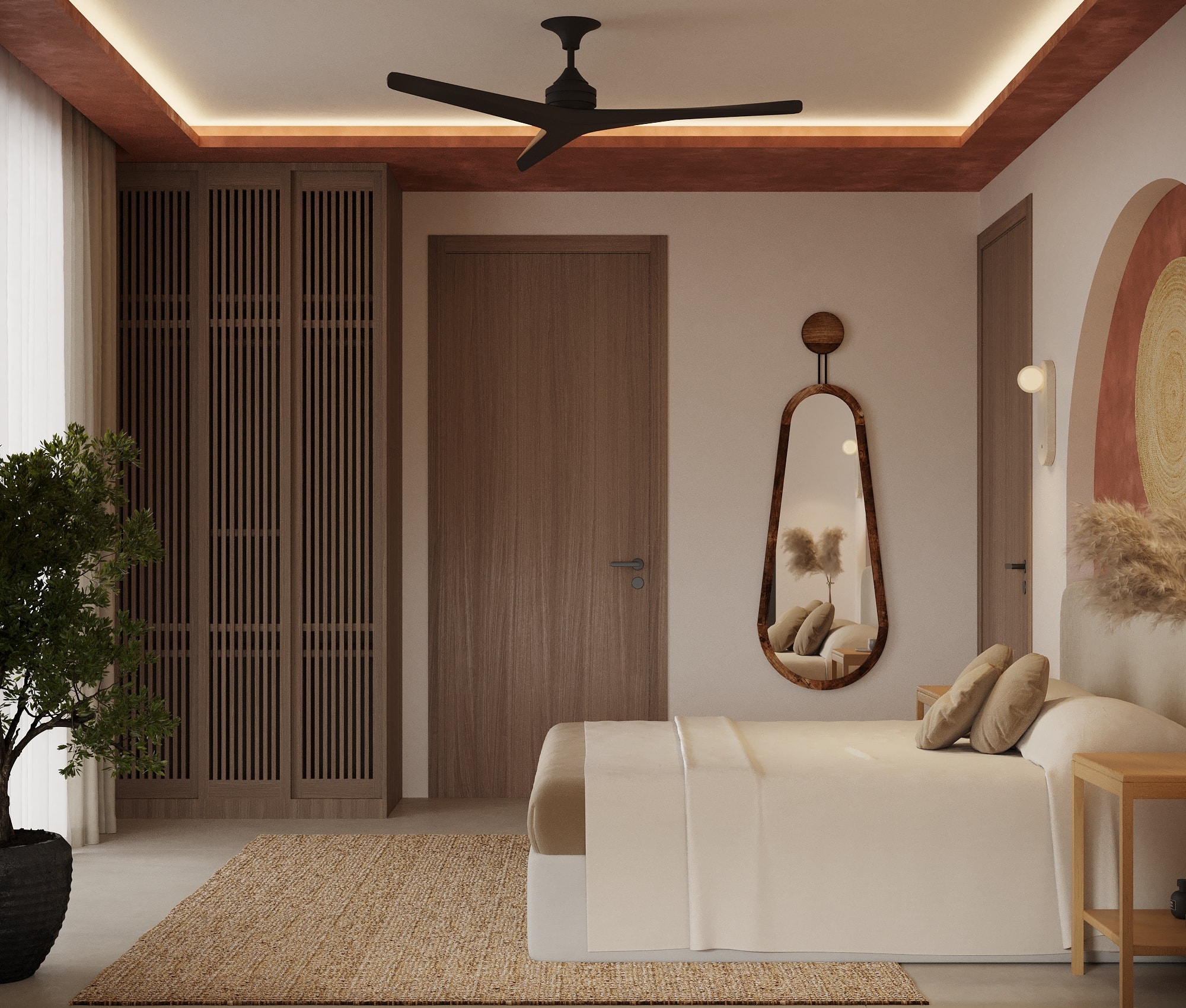 IO Villas — Bedroom 2: slatted wardrobe wall, organic mirror with wood frame and bonsai tree