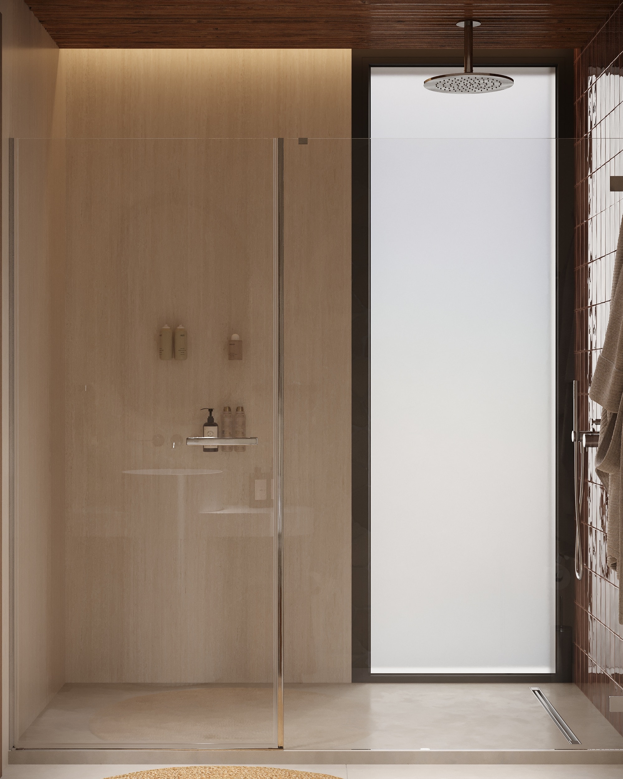 IO Villas — Bathroom 2: walk-in shower with stone-look tile, glass enclosure and rain head