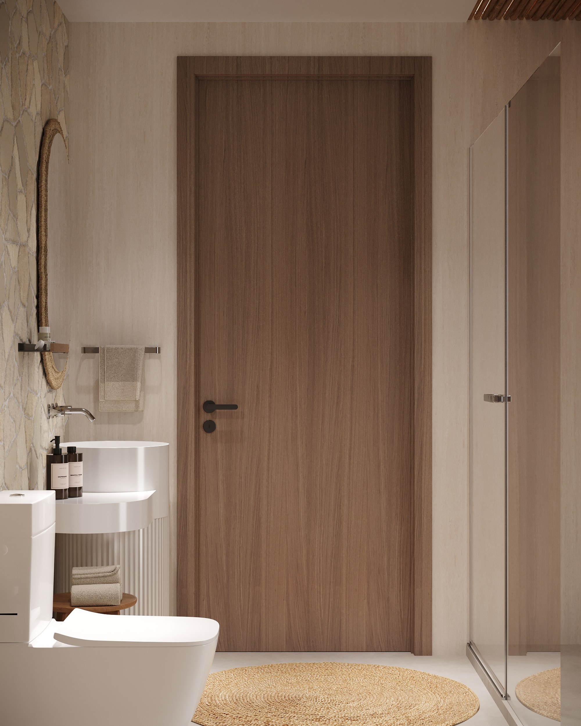 IO Villas — Bathroom 2: wood-grain door, fluted pedestal sink and woven oval mirror