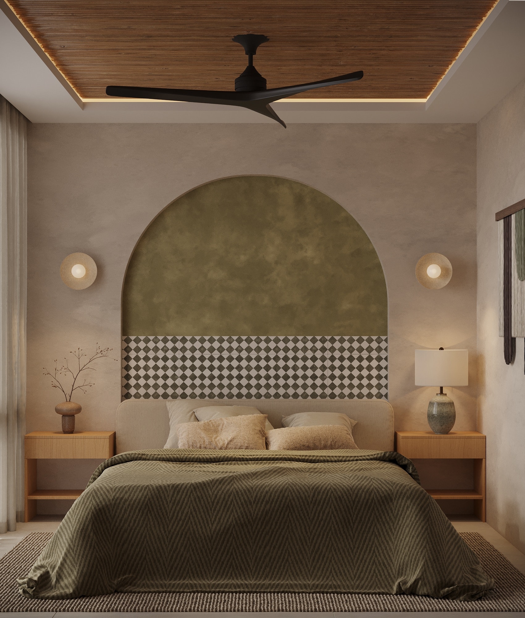 IO Villas — Bedroom 3: arched headboard with terracotta tones