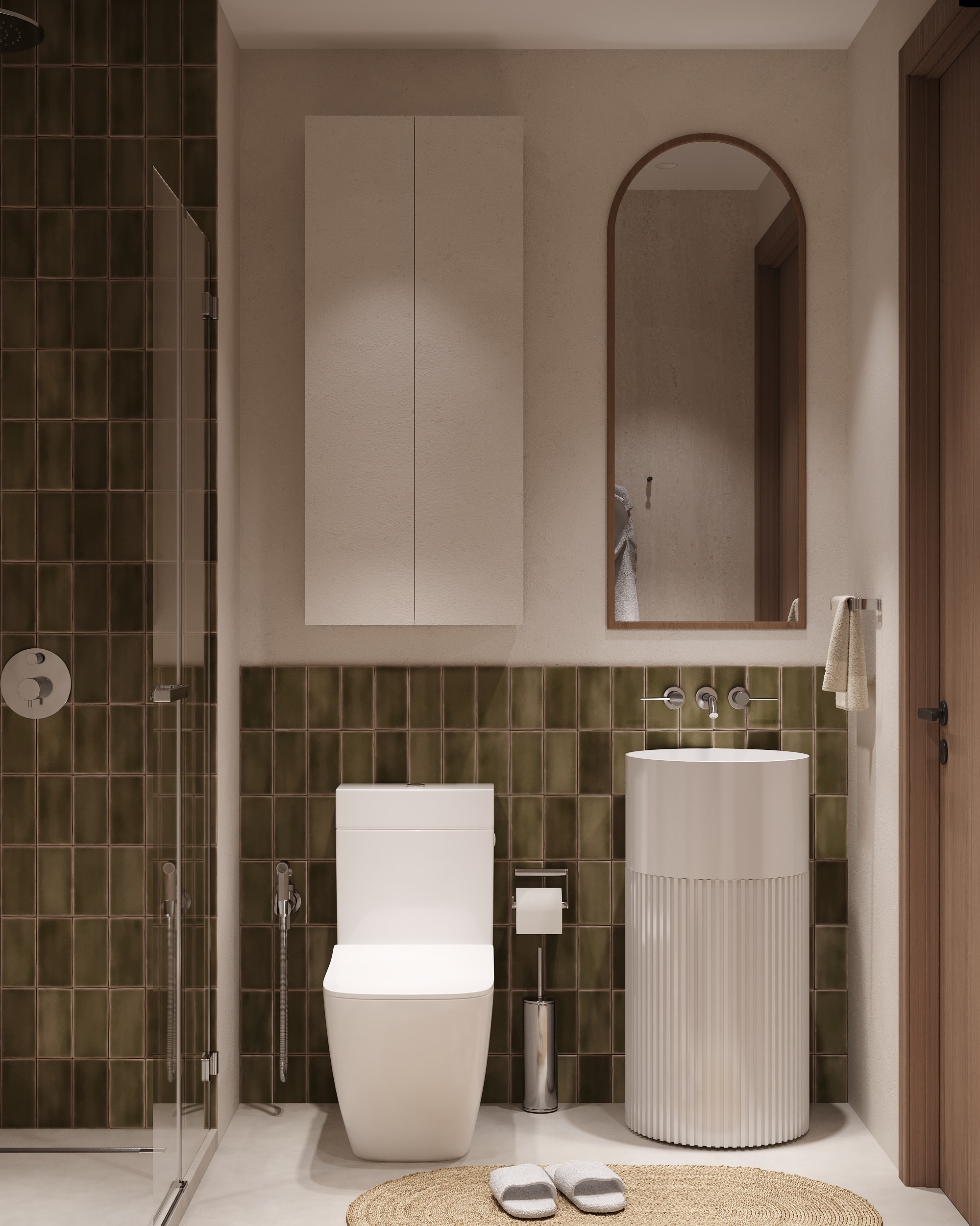 IO Villas — Bathroom 3: cylindrical pedestal sink with wall-mounted tap and toilet
