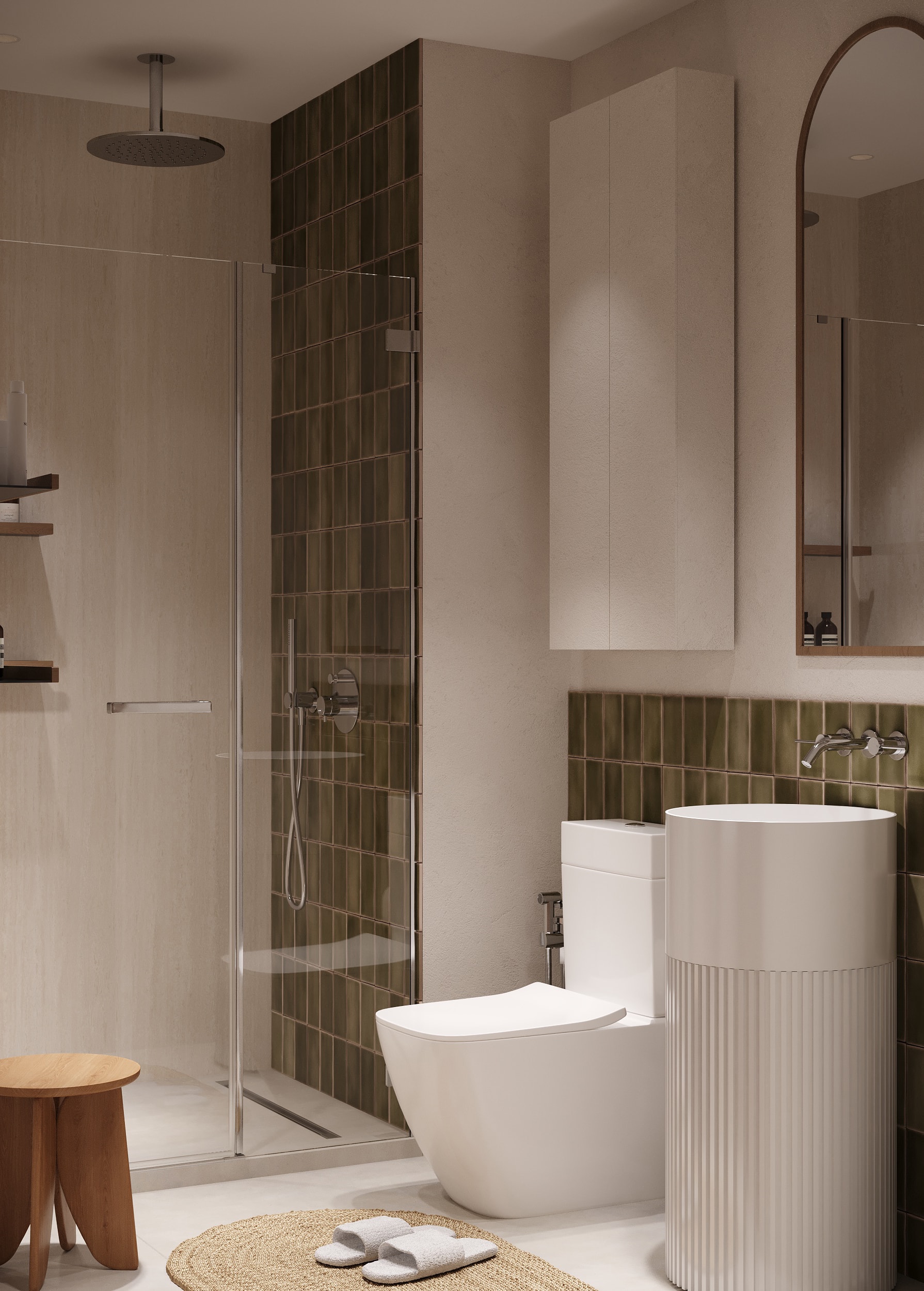IO Villas — Bathroom 3: round pedestal sink, walk-in shower and jute rug