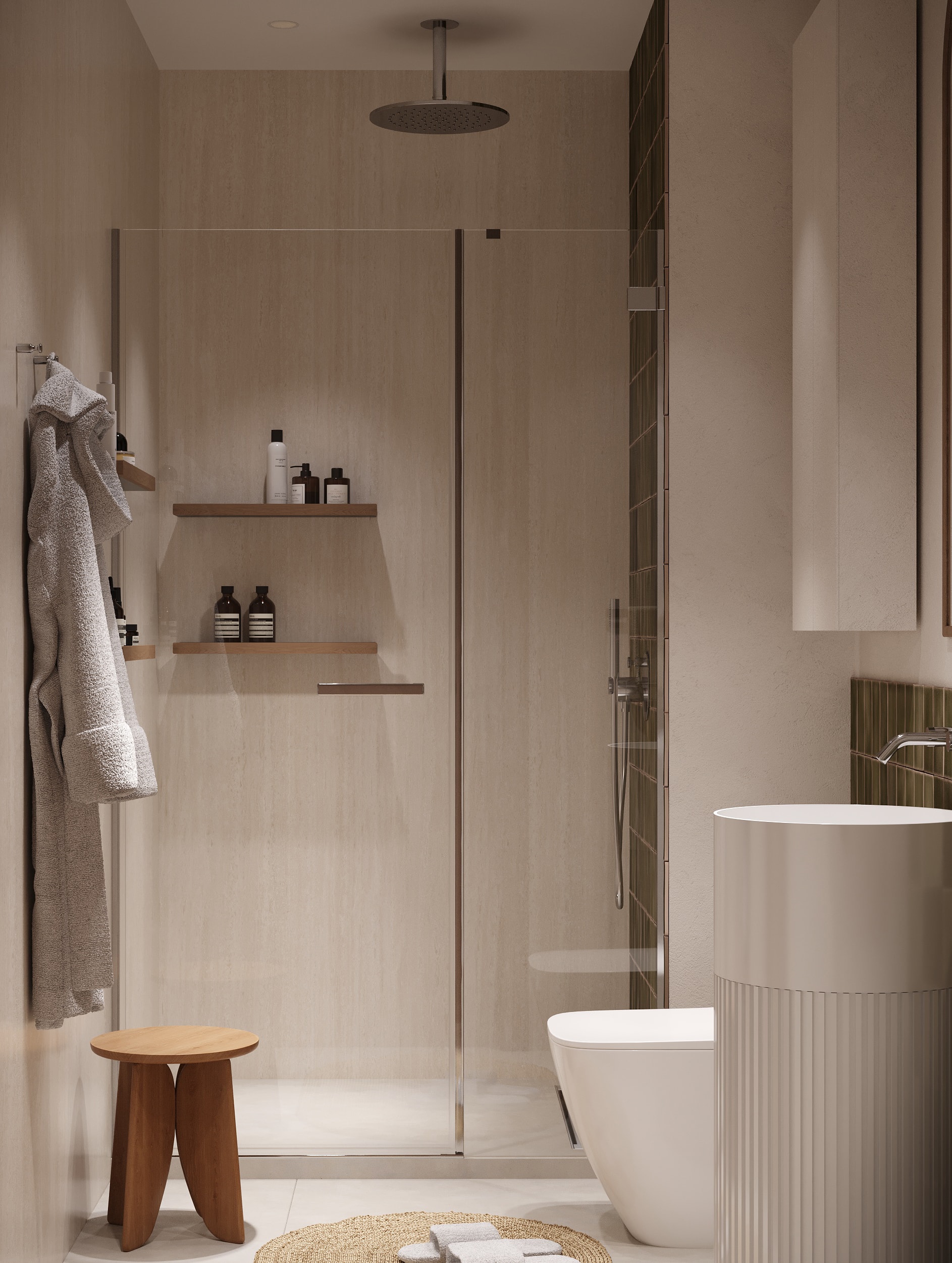 IO Villas — Bathroom 3: shower enclosure detail with stone-look tile and glass door