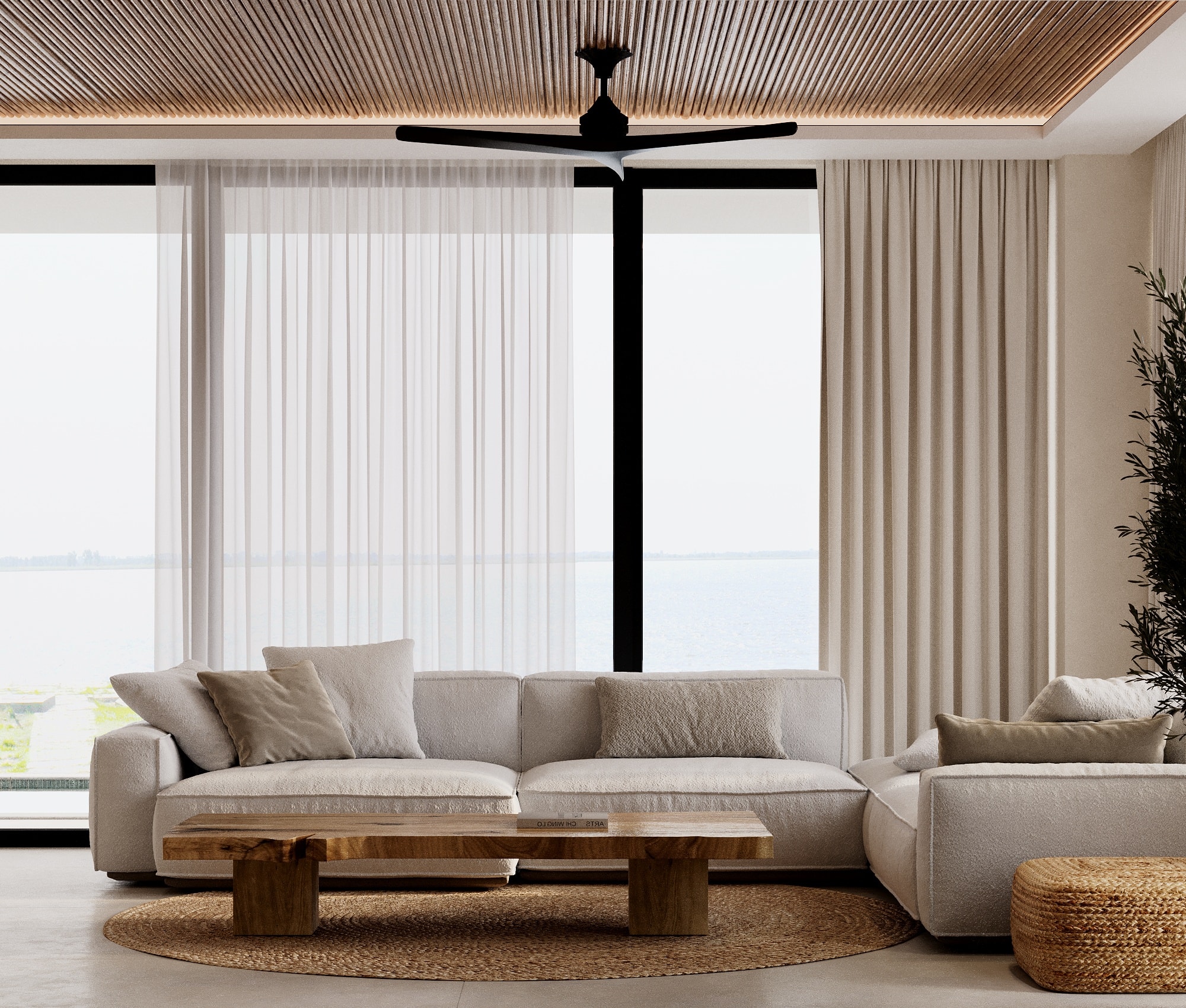 IO Villas — living room with ocean view, linen sofa and wood coffee table