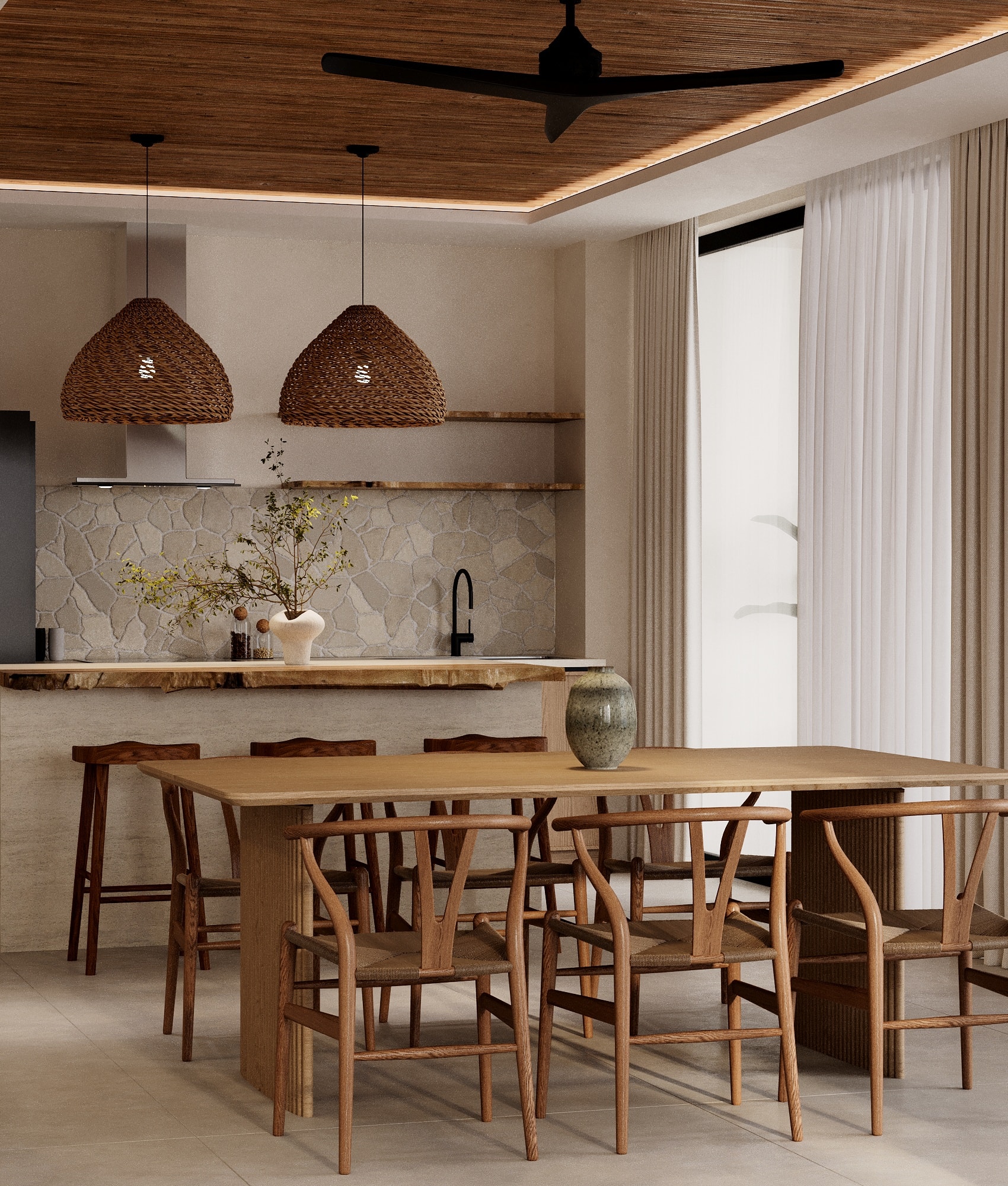 IO Villas — kitchen and dining with stone backsplash and woven pendants