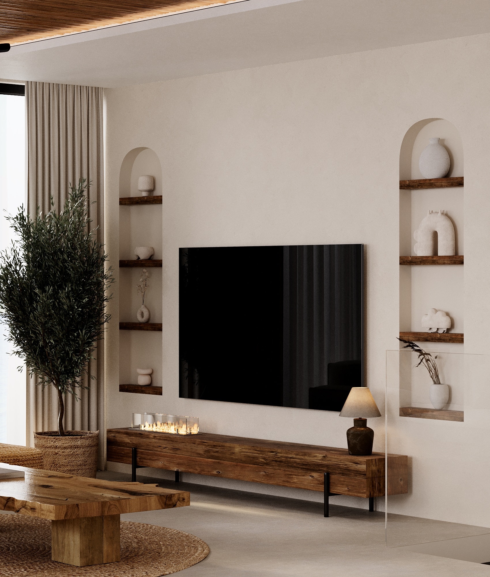 IO Villas — media wall with arched shelving, TV and live-edge console