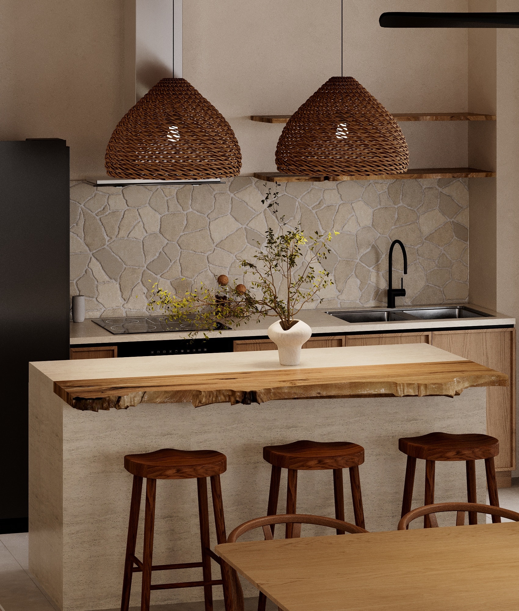 IO Villas — kitchen close-up with live-edge island top and stone backsplash