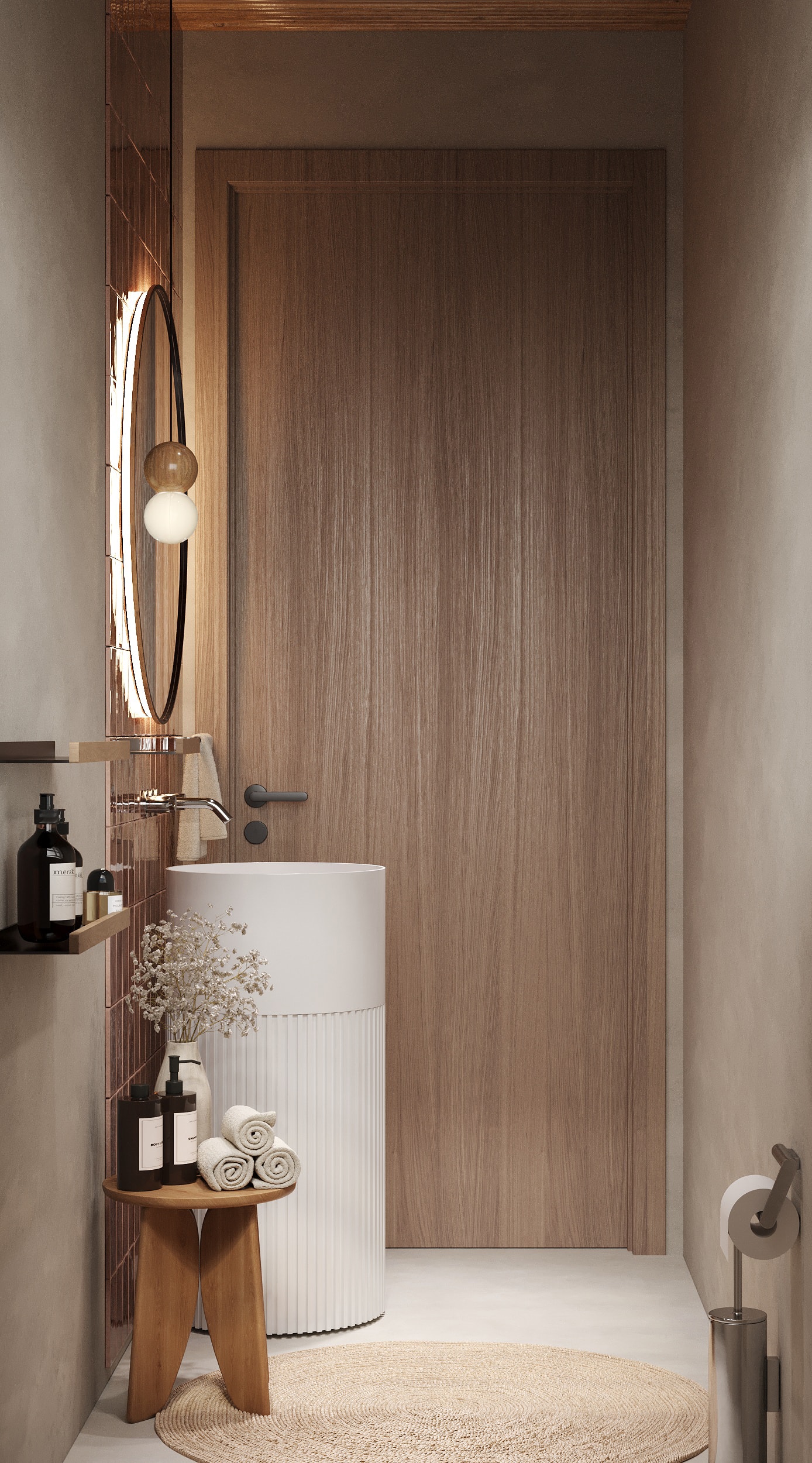 IO Villas — Guest Bathroom: wood-grain door with fluted pedestal sink and terracotta tile accent