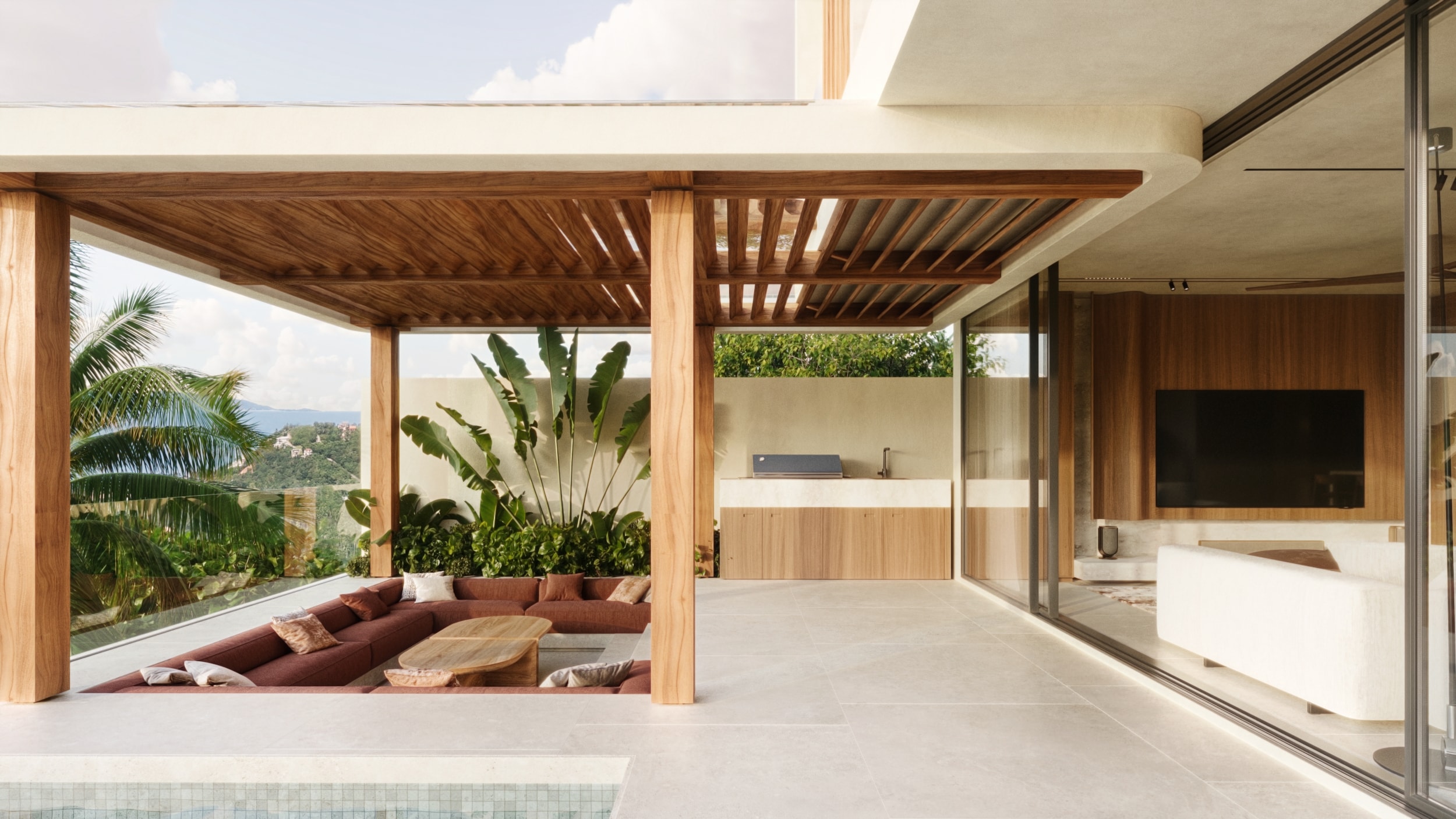 Wasana Villa — terrace with pool, sun loungers and sea view