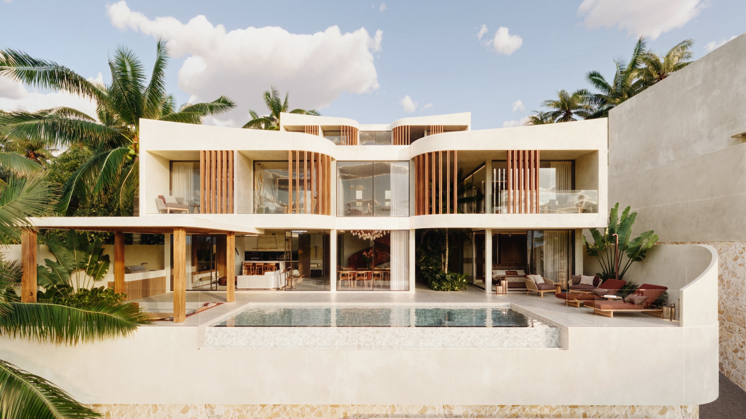 Wasana Villa — rear elevation with curved forms and pool deck