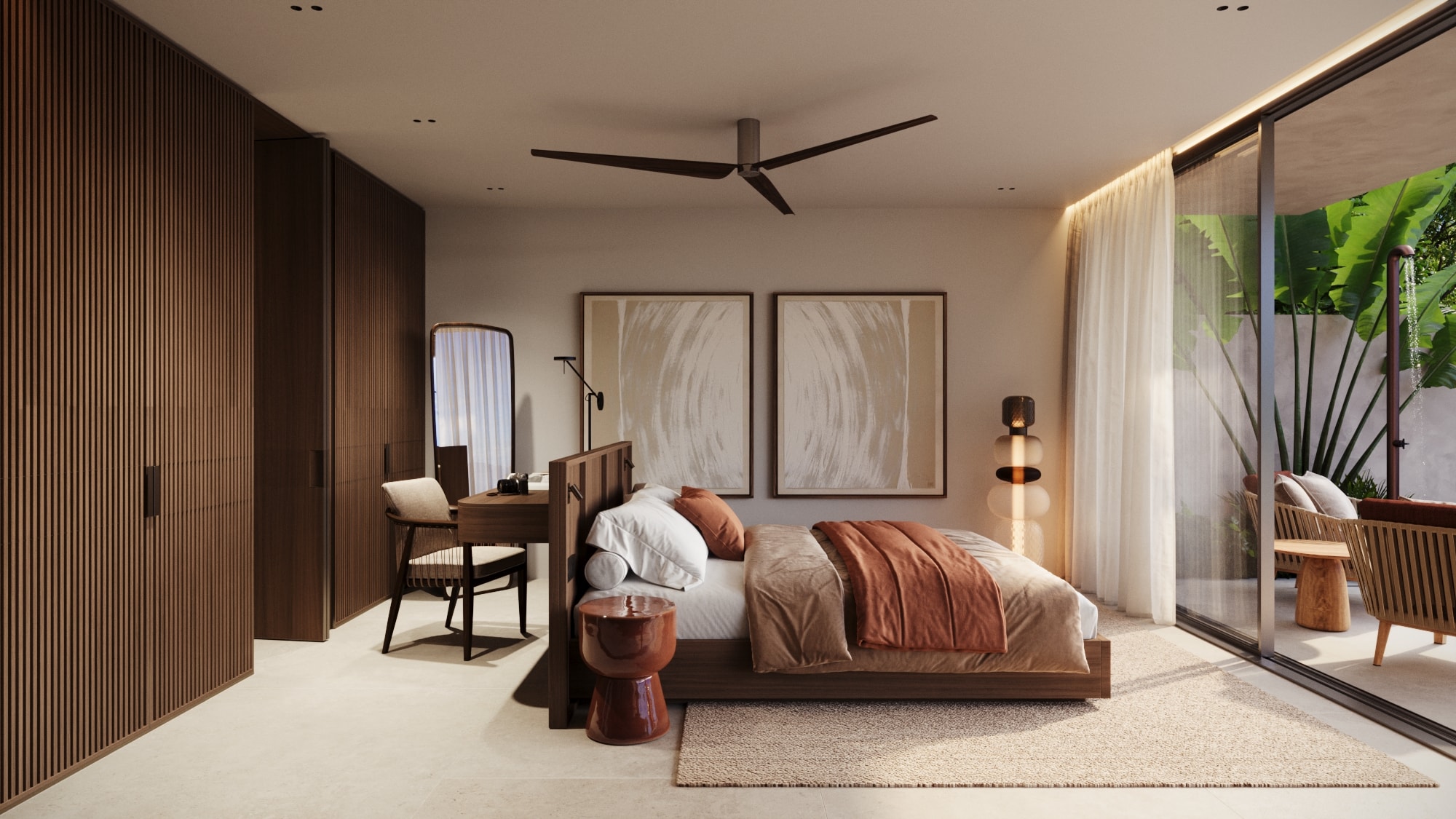 Wasana Villa — Bedroom 1: king bed with botanical mural and terrace access