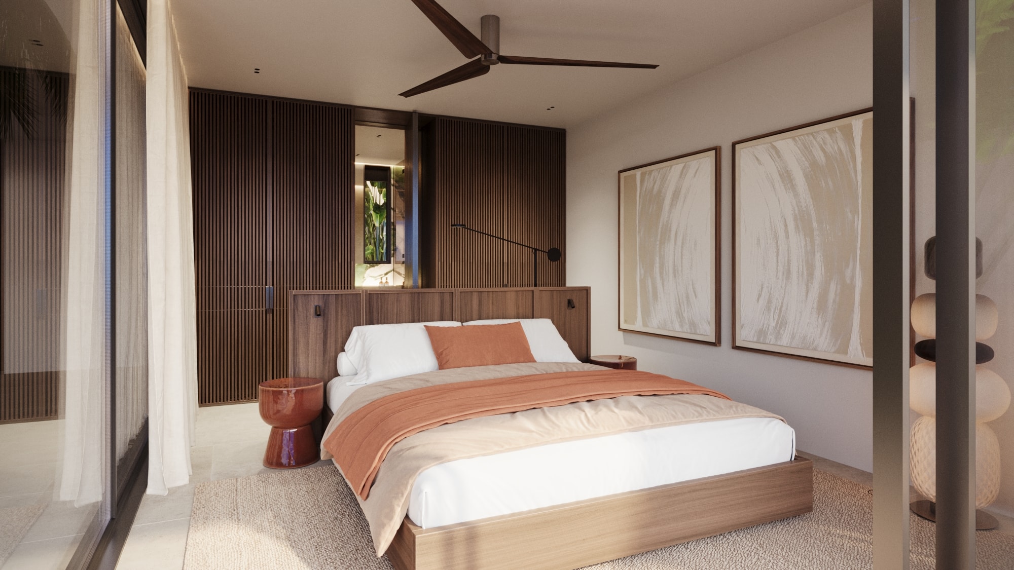 Wasana Villa — Bedroom 1: bed with bird-of-paradise mural and ceiling fan