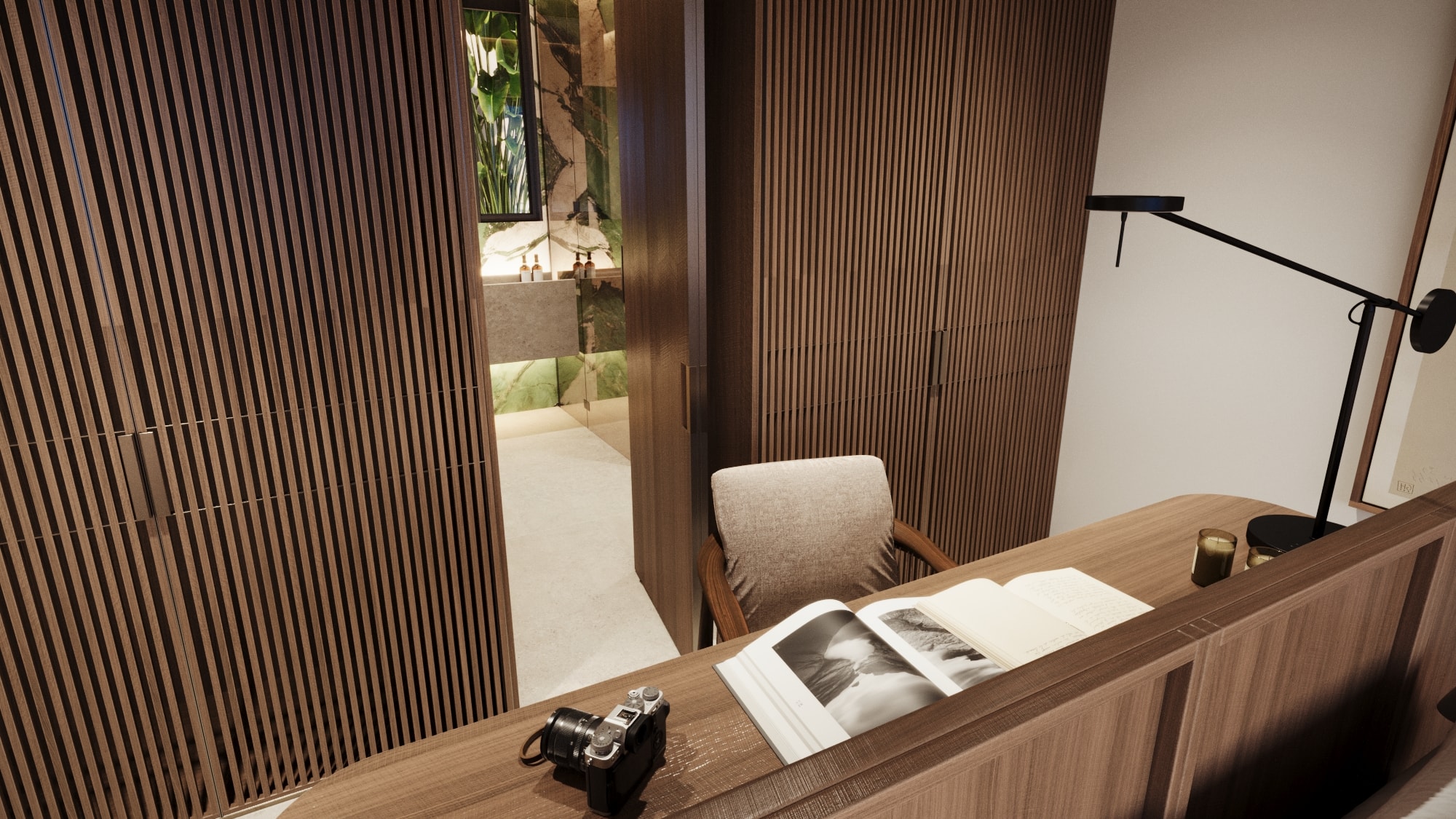 Wasana Villa — Bedroom 1: wardrobe wall with slatted wood and oval mirror