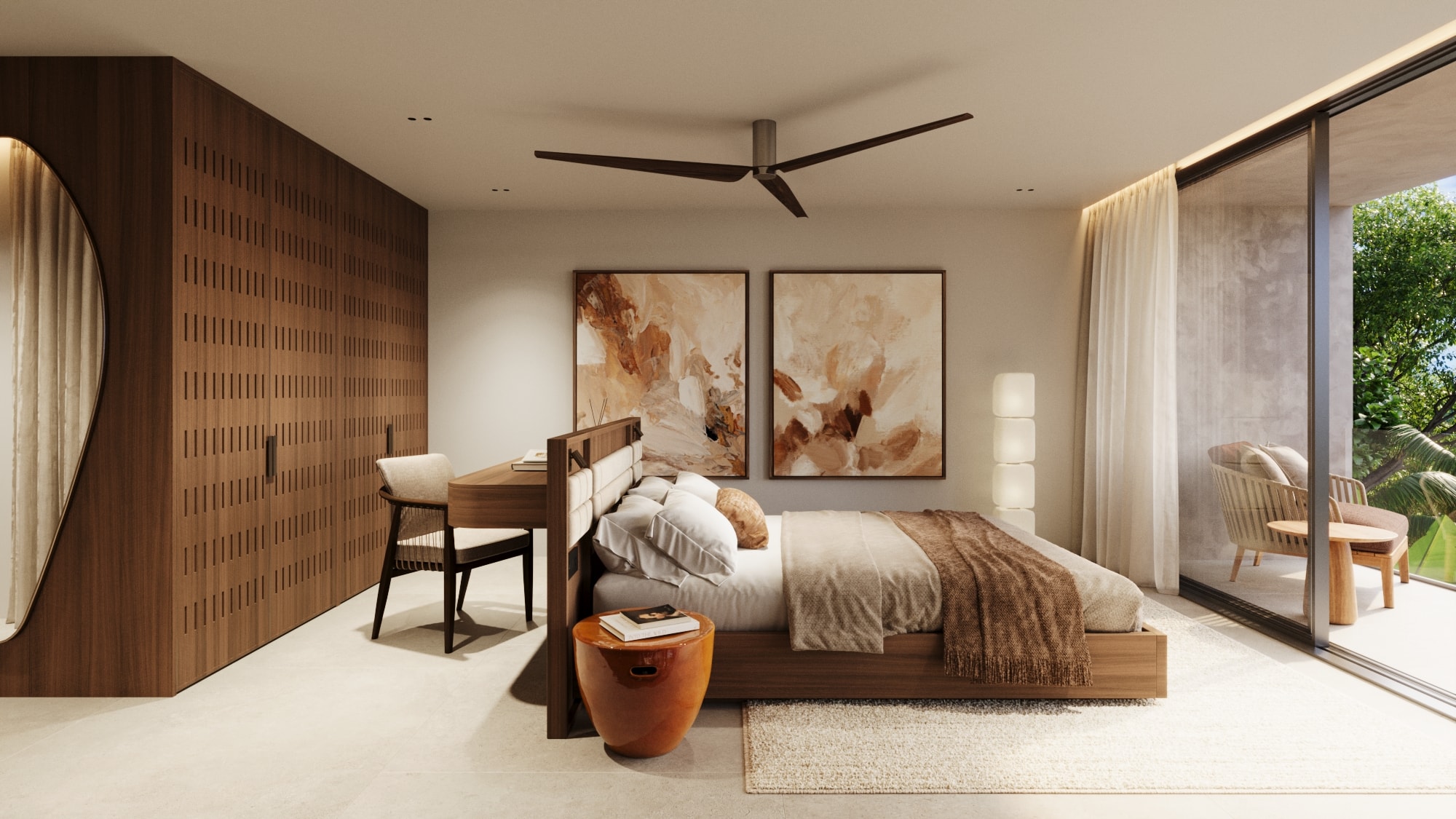 Wasana Villa — Bedroom 2: king bed with botanical mural and terrace doors