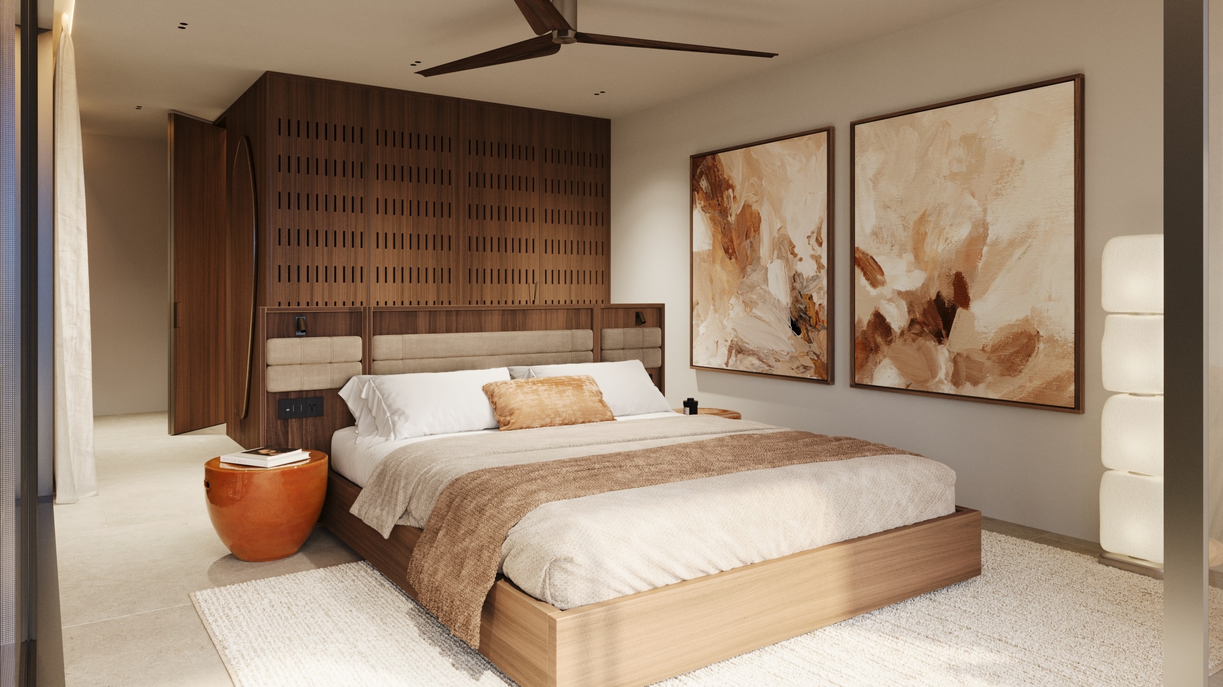 Wasana Villa — Bedroom 2: bed with tropical mural and ceiling fan