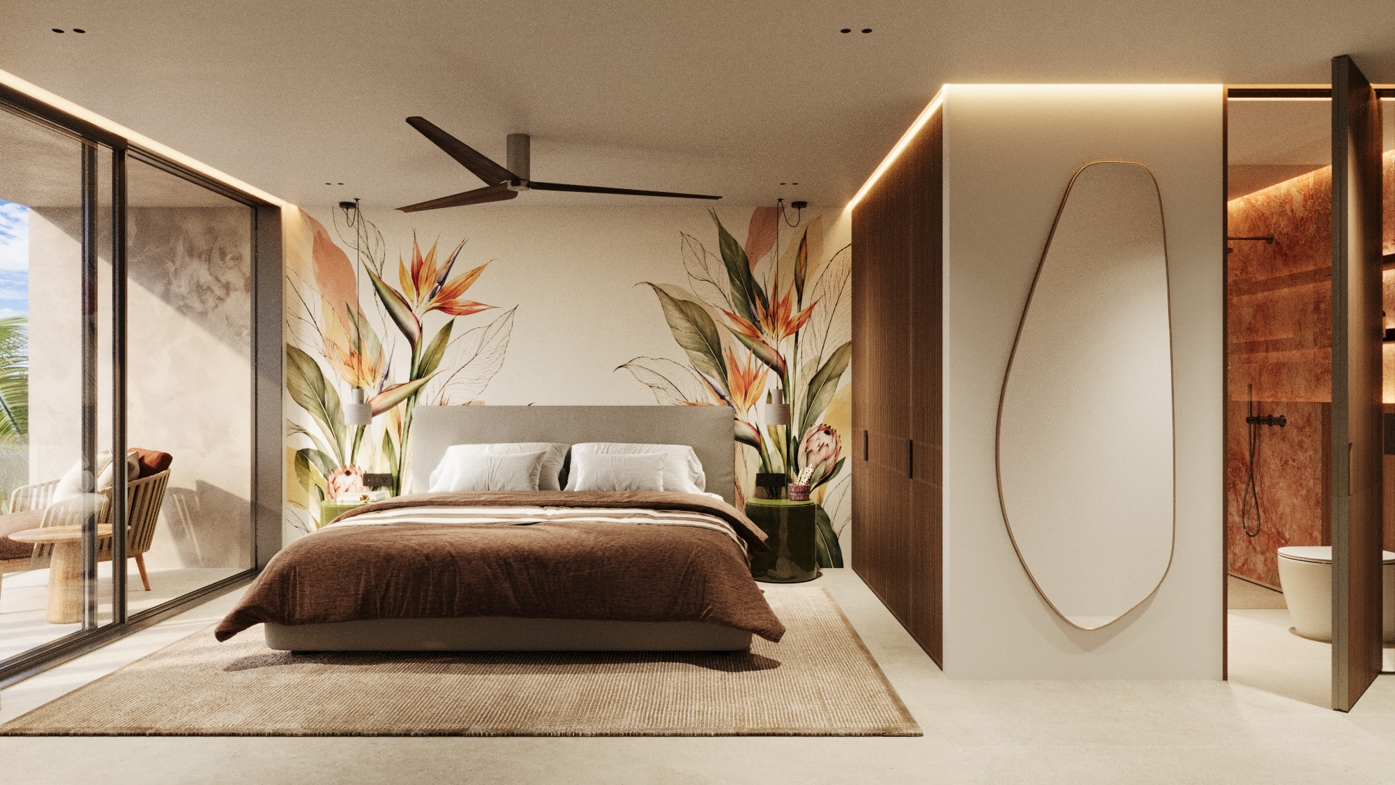 Wasana Villa — Bedroom 3: king bed with botanical mural and terrace access