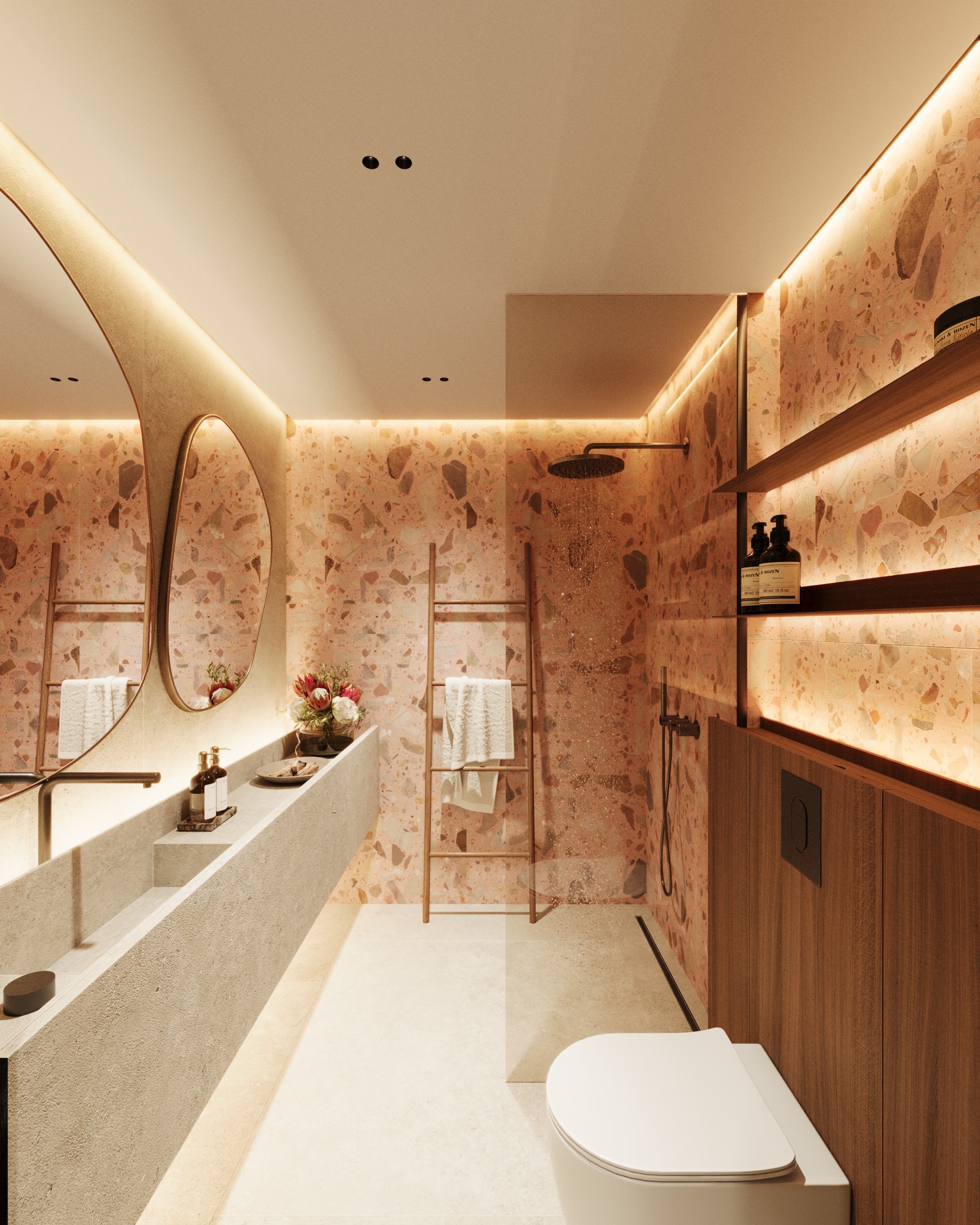 Wasana Villa — Bathroom 3: terrazzo and brass walk-in shower with wooden ladder