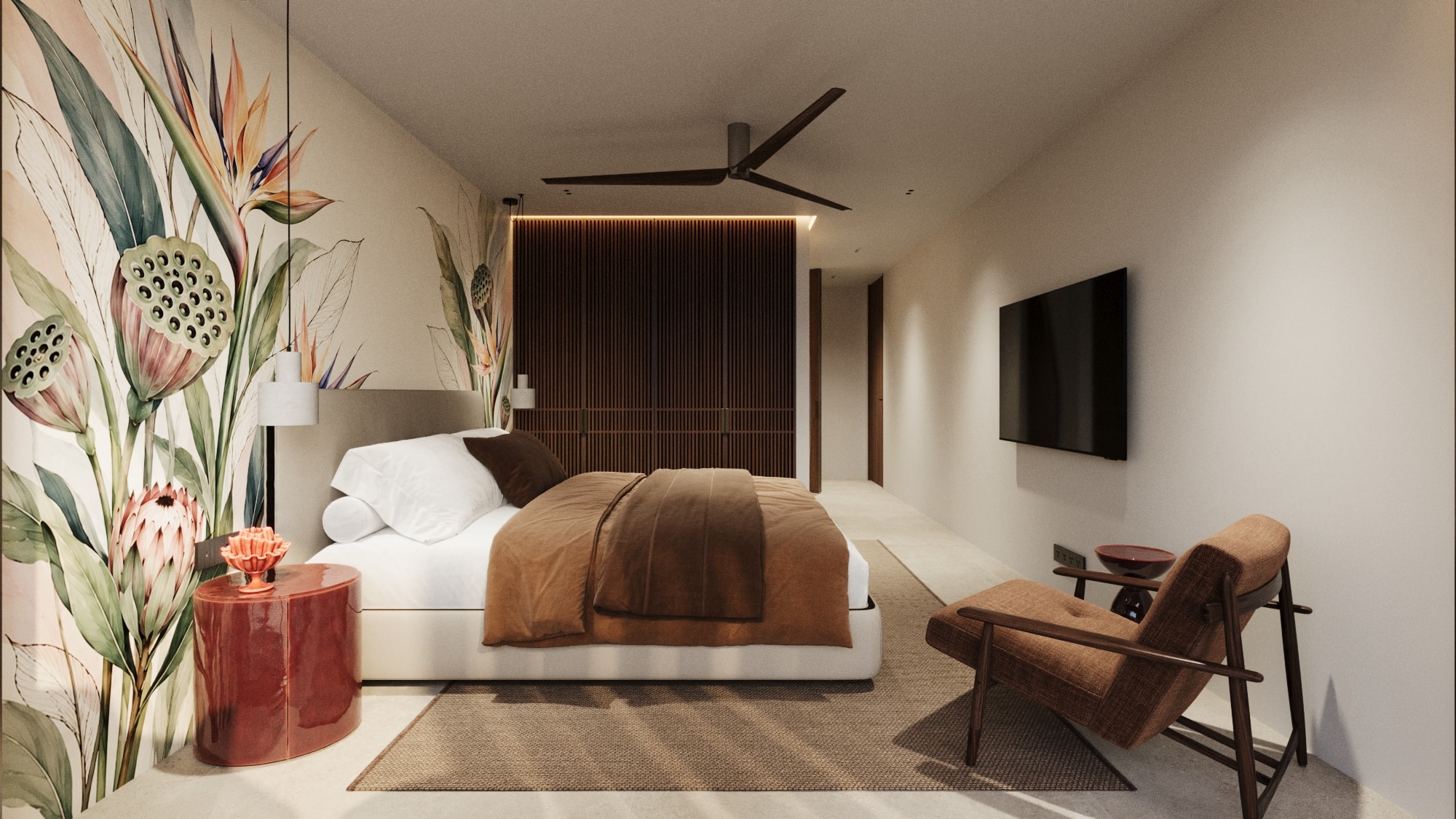 Wasana Villa — Bedroom 4: bed with tropical mural, ceiling fan and lounge chair