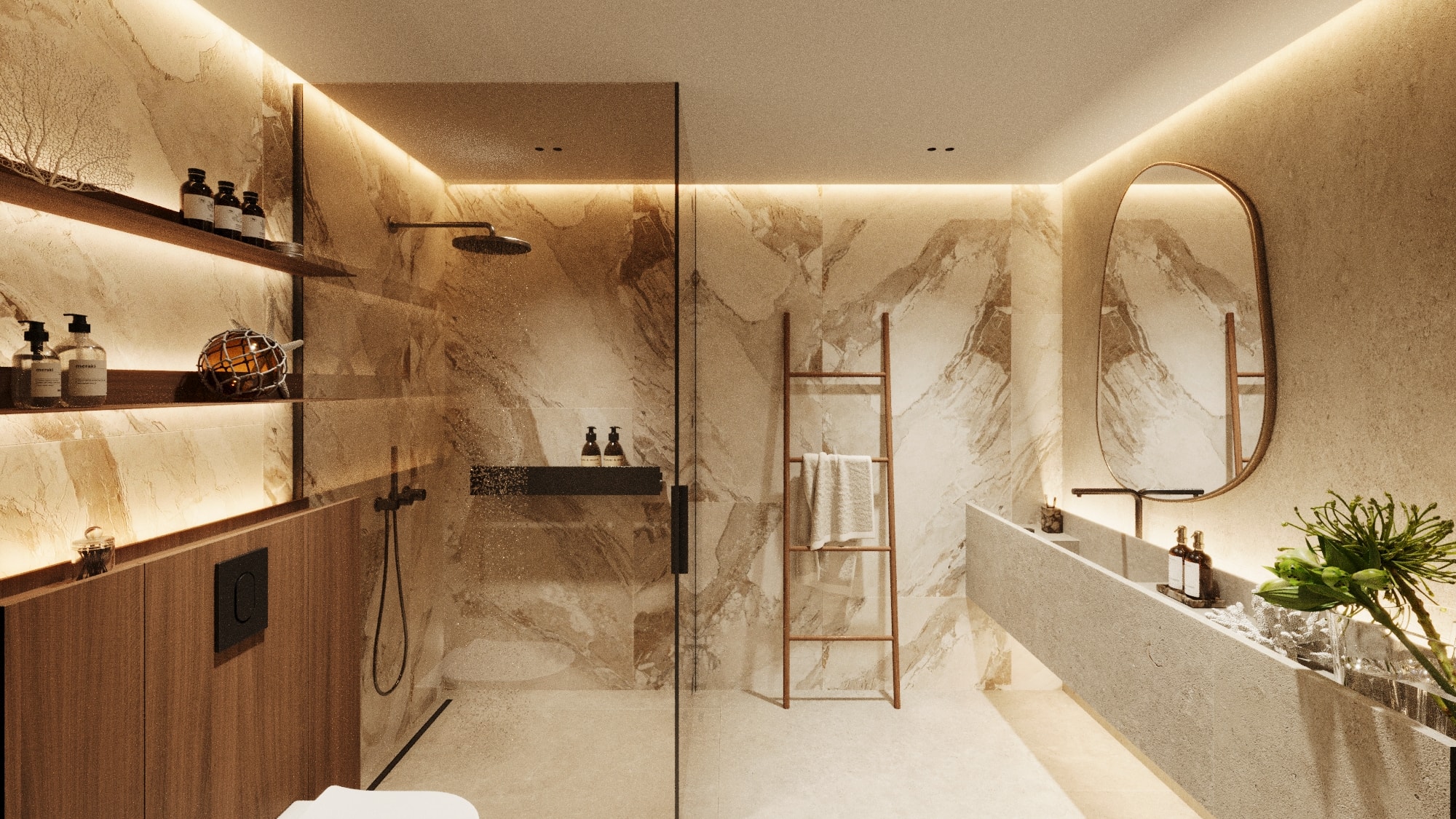 Wasana Villa — Bathroom 4: marble spa bathroom with walk-in shower and wooden accents