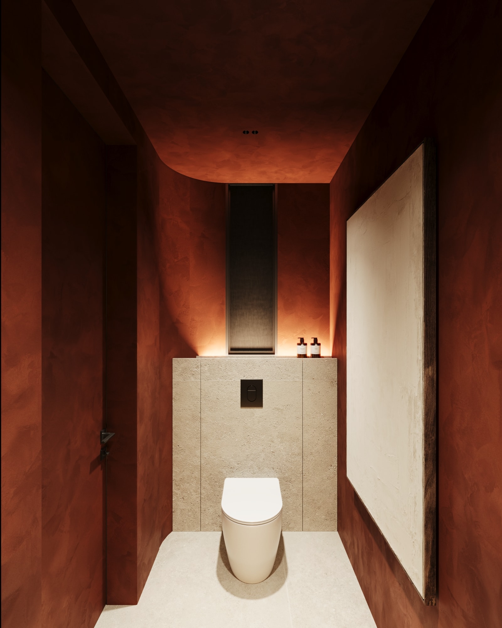 Wasana Villa — guest toilet with backlit mirror and stone walls