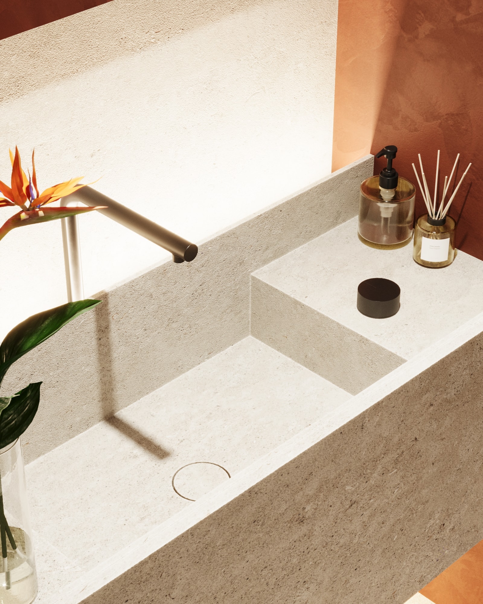 Wasana Villa — guest toilet detail with sculptural sink and greenery