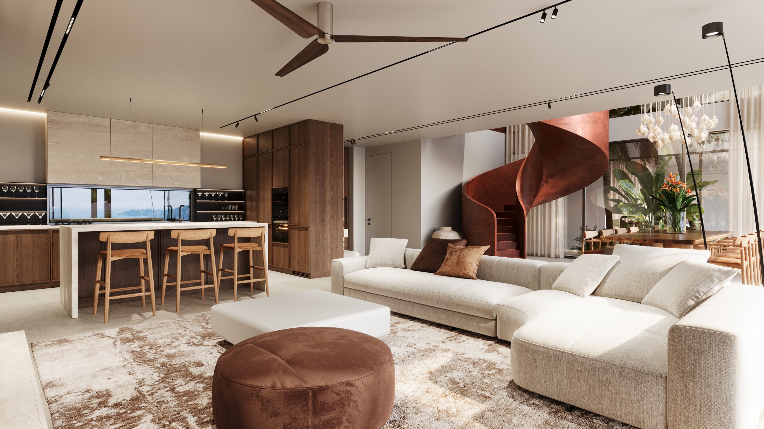 Wasana Villa — living room with open-plan kitchen and dining area