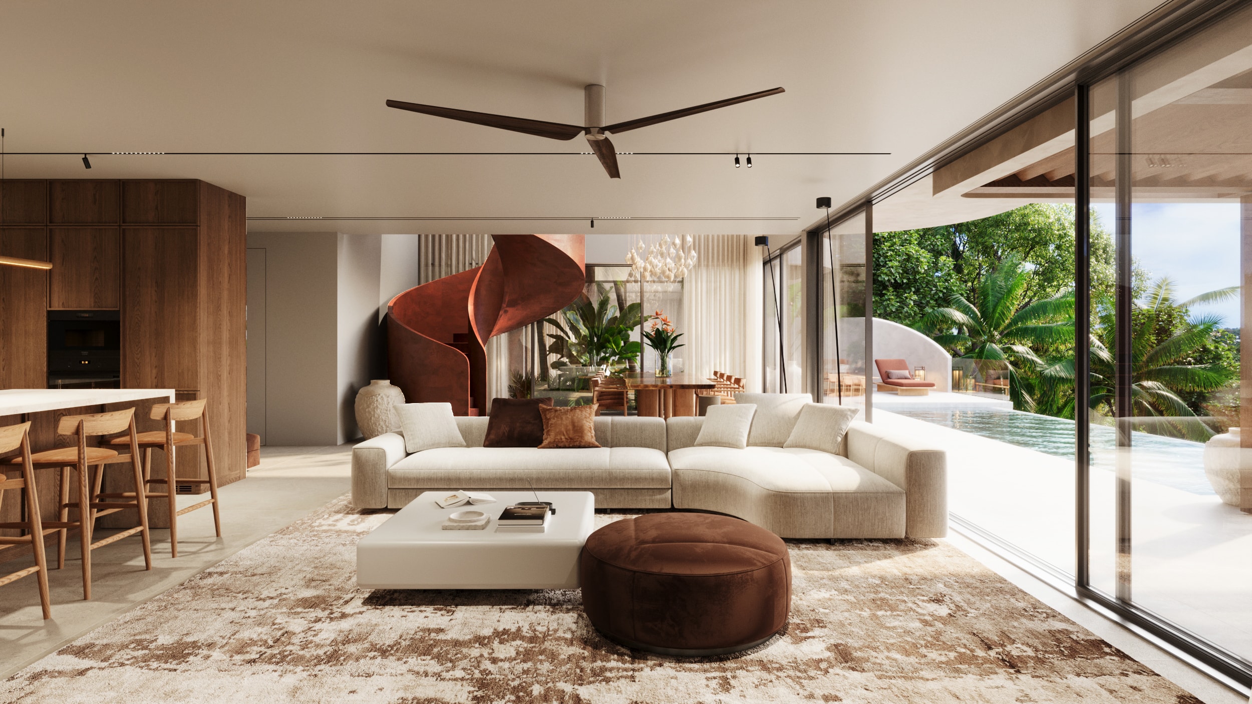 Wasana Villa — kitchen island with pendant lights and dining area