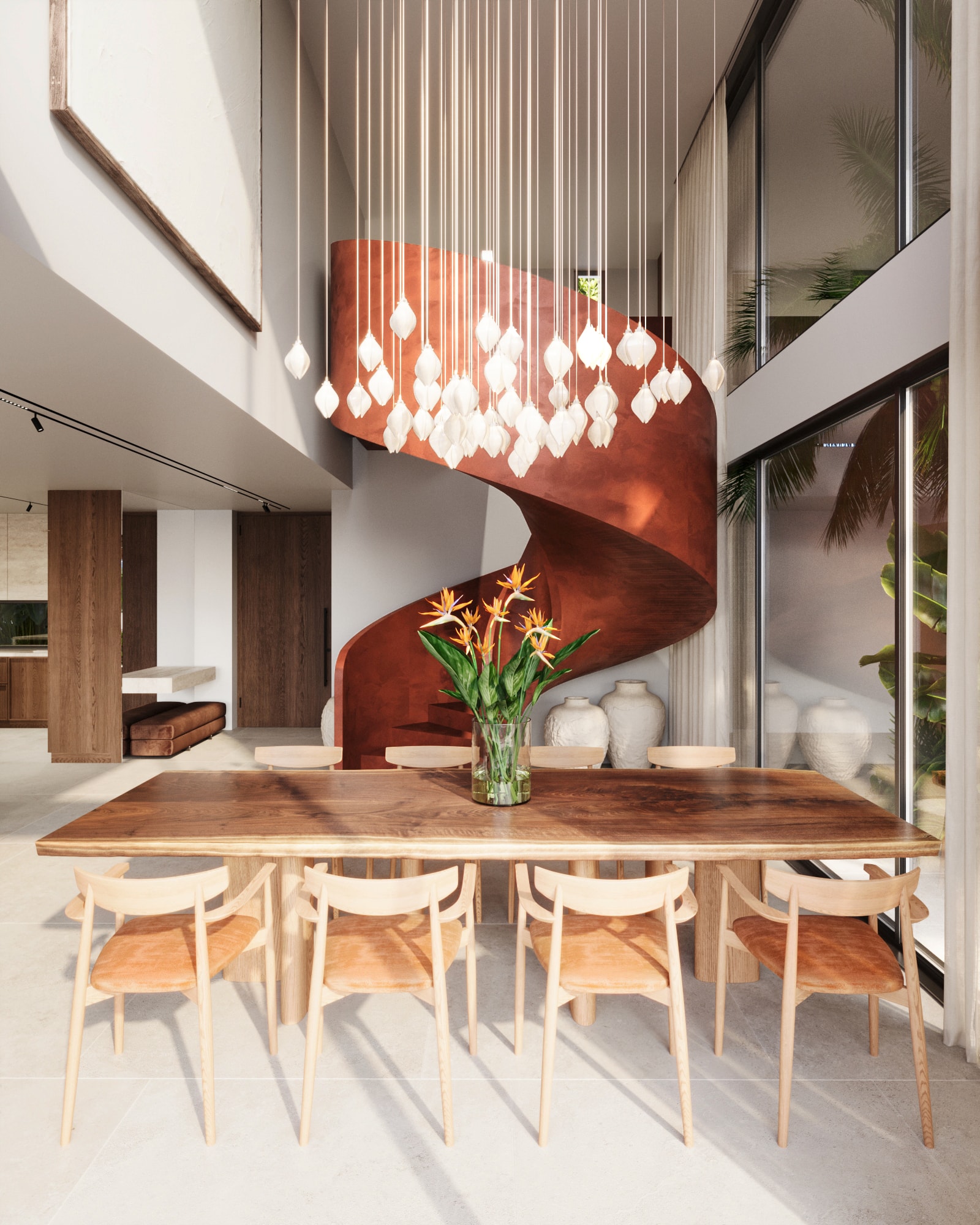 Wasana Villa — dining area with sculptural pendant and ocean backdrop
